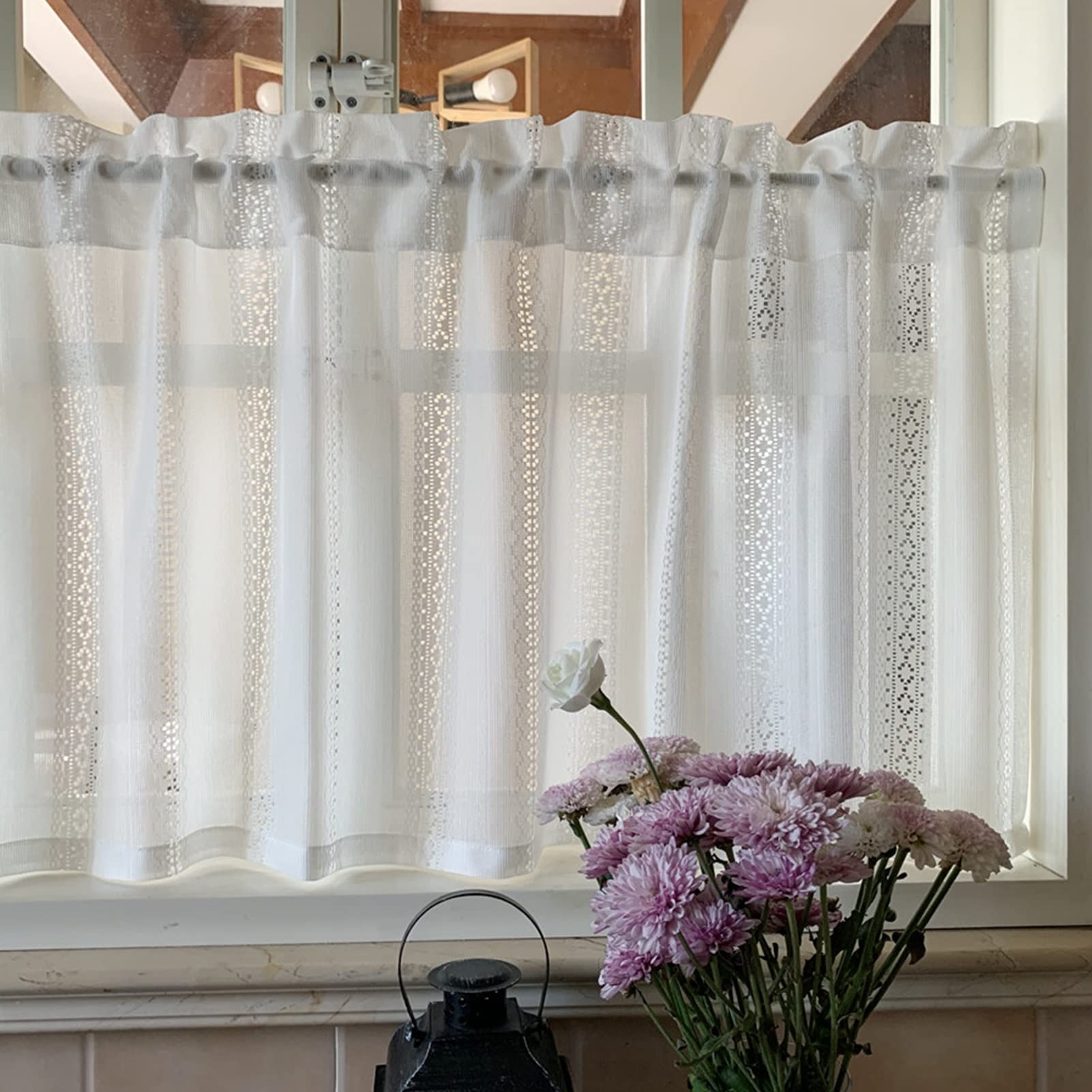 White Net Curtains - Short Semi-Transparent Kitchen & Cafe Window Drapes (60x90cm) | Country House Style Bistro Curtains for Kitchen, Living Room & Bedroom Decor