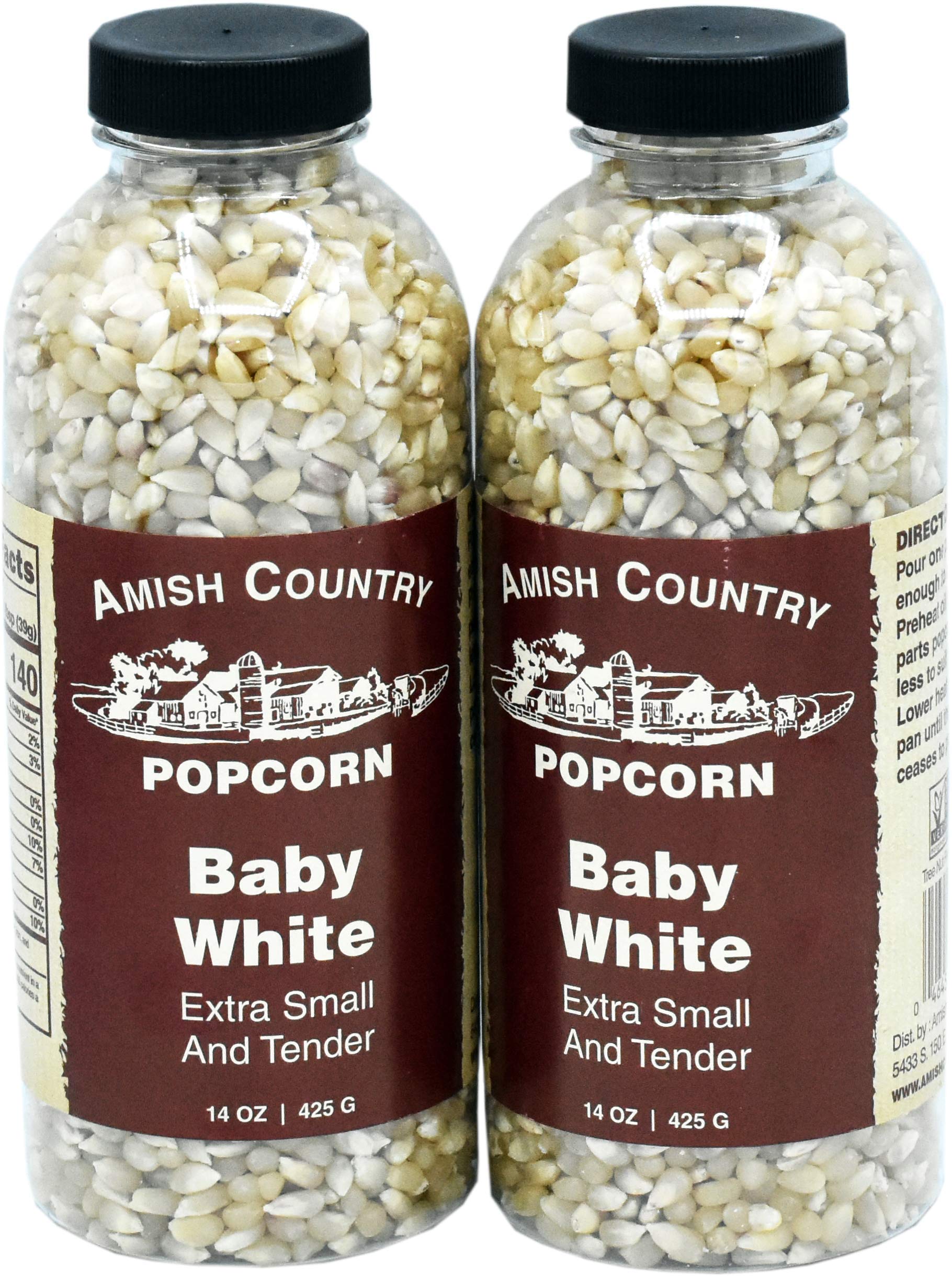 Amish Country Baby White Popcorn Kernels - 2 Pack (14 oz Bottles) | Old Fashioned, Non-GMO, Gluten Free Popcorn | Perfect for Movie Nights, Snacking & Healthy Family Treats