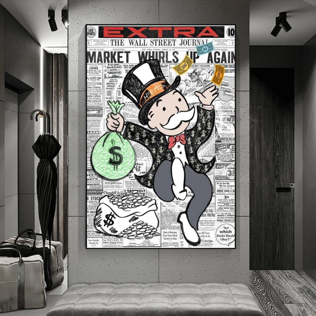 Alec Monopoly Money Bag Newspaper Print Canvas Wall Art - Modern Pop Art Decor for Living Room, Bedroom & Office
