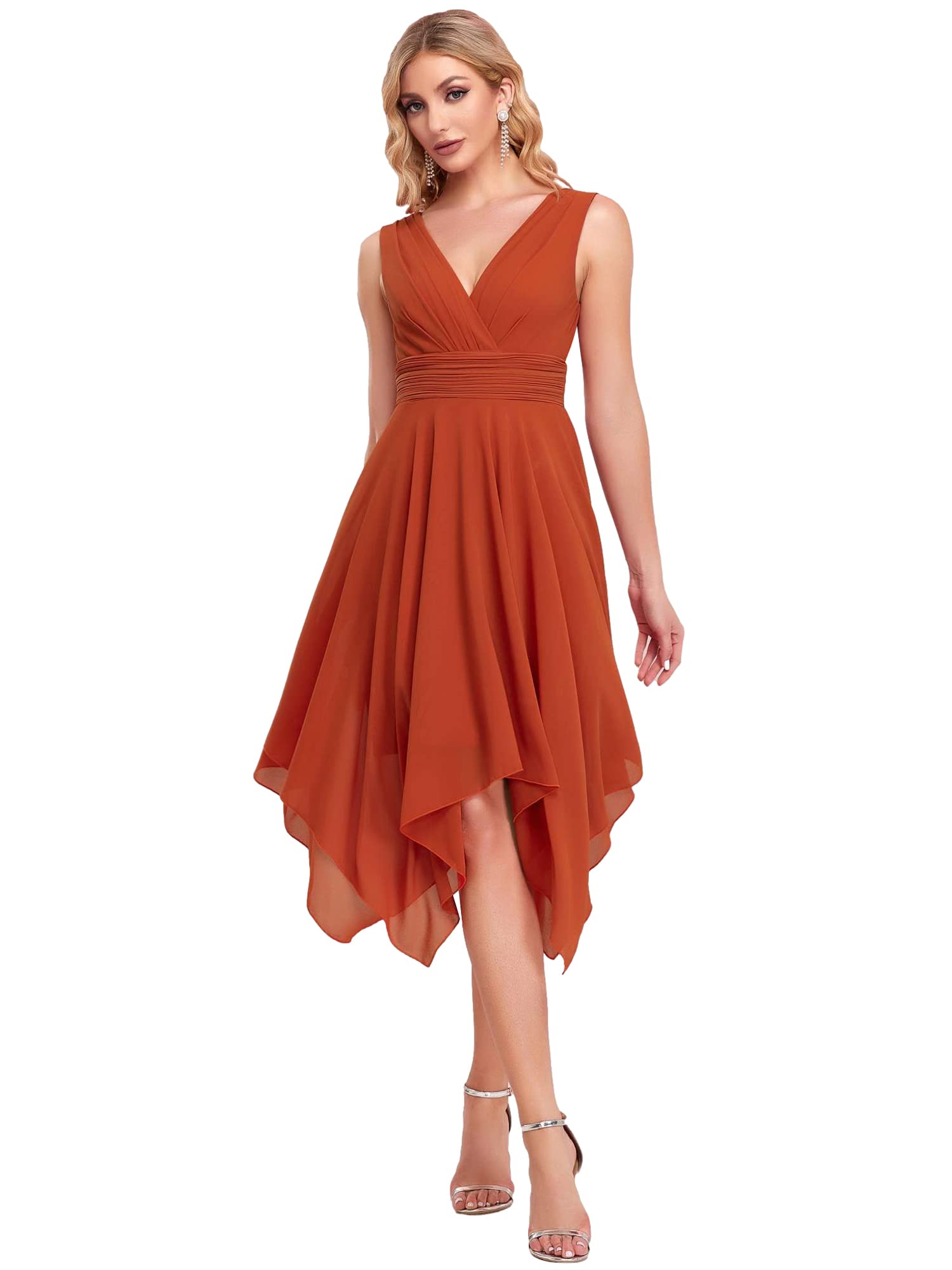 Ever-Pretty Women's Elegant V-Neck Pleated Waist Sleeveless Chiffon Cocktail Dress with Irregular Hem - Perfect for Wedding Guest, Bridal Shower, Party & Special Occasions (Style 03142)