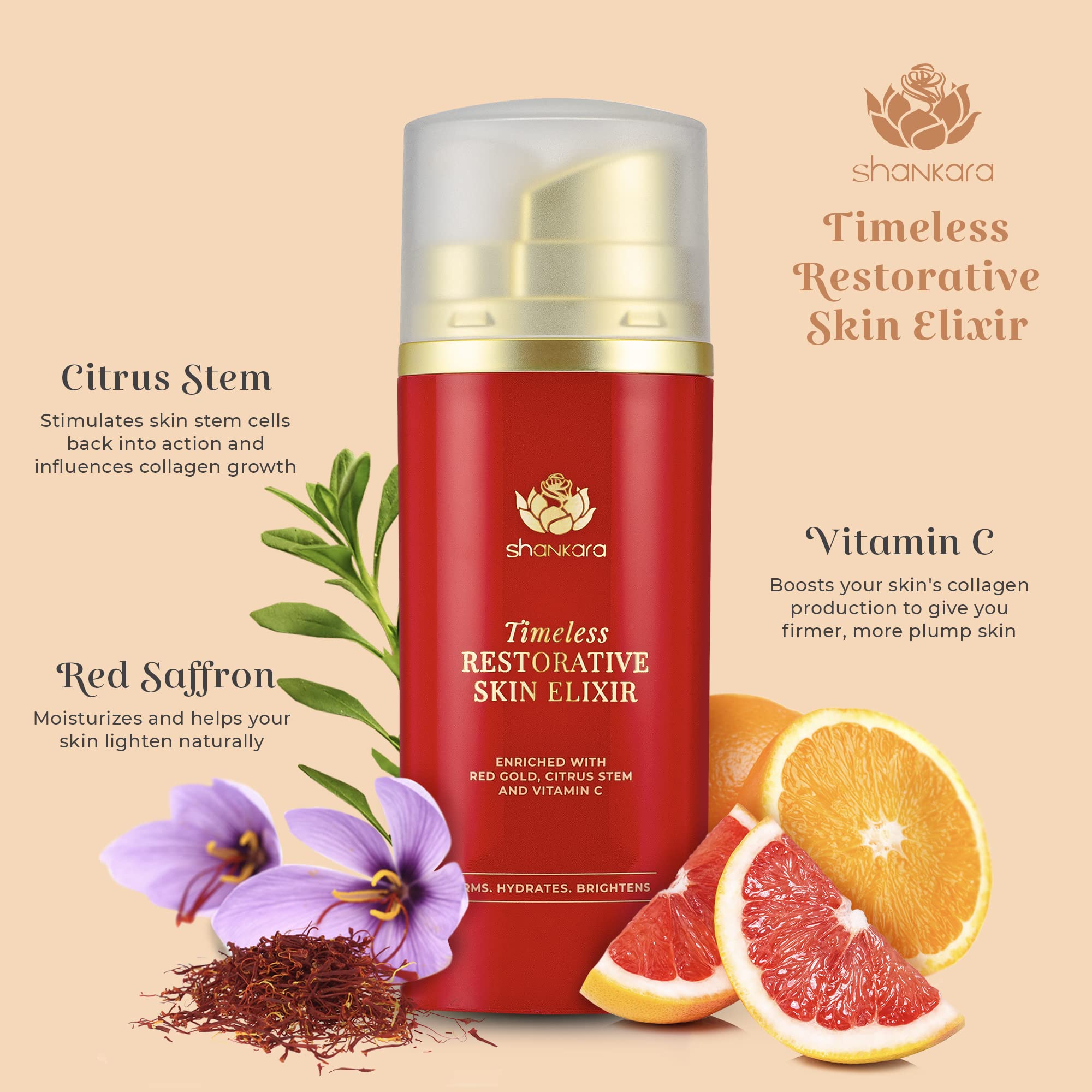 Shankara Timeless Restorative Skin Elixir - 2-in-1 Ayurvedic Anti-Aging Facial Serum & Kumkumadi Face Oil with Pure Red Gold Saffron, Vitamin C & Sandalwood | Natural Glow Booster for Dry, Dull Skin | Perfect for Nighttime Skincare Routine & Daily Hydration