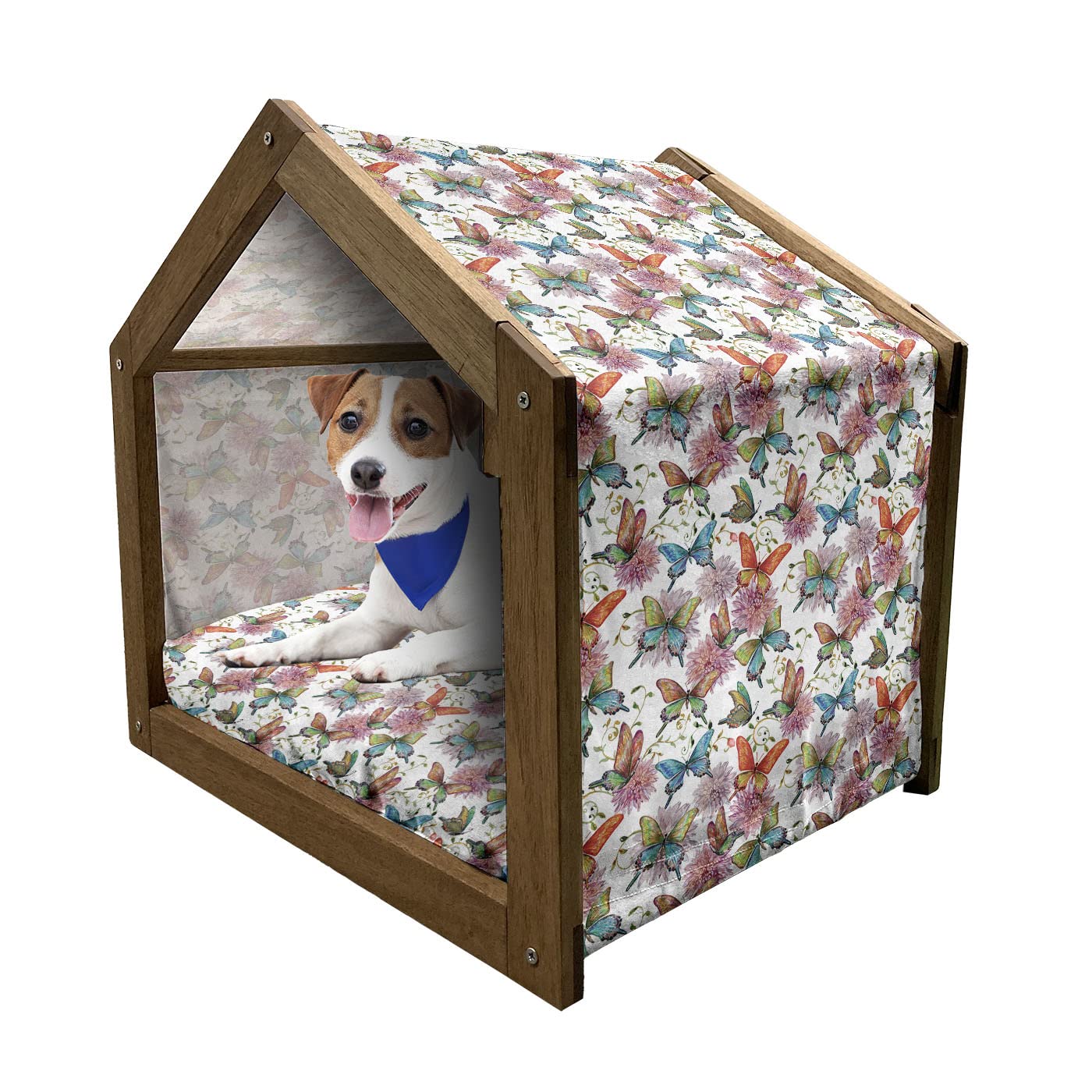 Ambesonne Butterfly Wooden Pet House for Dogs - Portable Indoor & Outdoor Dog Kennel with Pillow Cover, Medium Size, Multicolor Floral Design with Flying Butterflies - Perfect for Home, Garden, Patio, and Travel Use