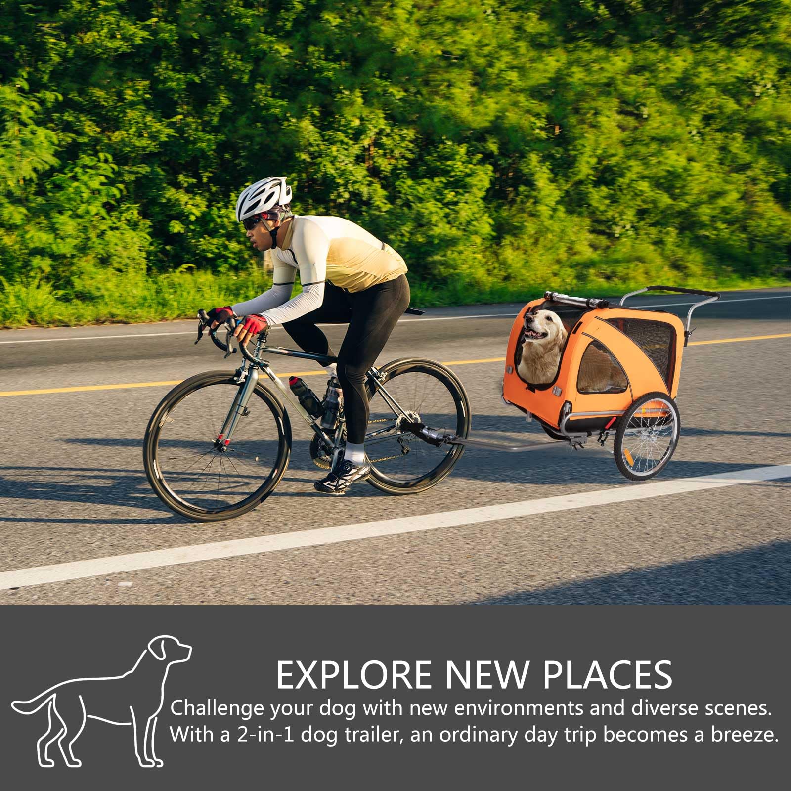 Sepnine 2-in-1 Large Dog Bike Trailer & Pet Stroller - Foldable Frame with Hand Lock Brakes, Universal Bicycle Coupler (Orange) - Perfect for Cycling Adventures & Outdoor Walks with Your Dog