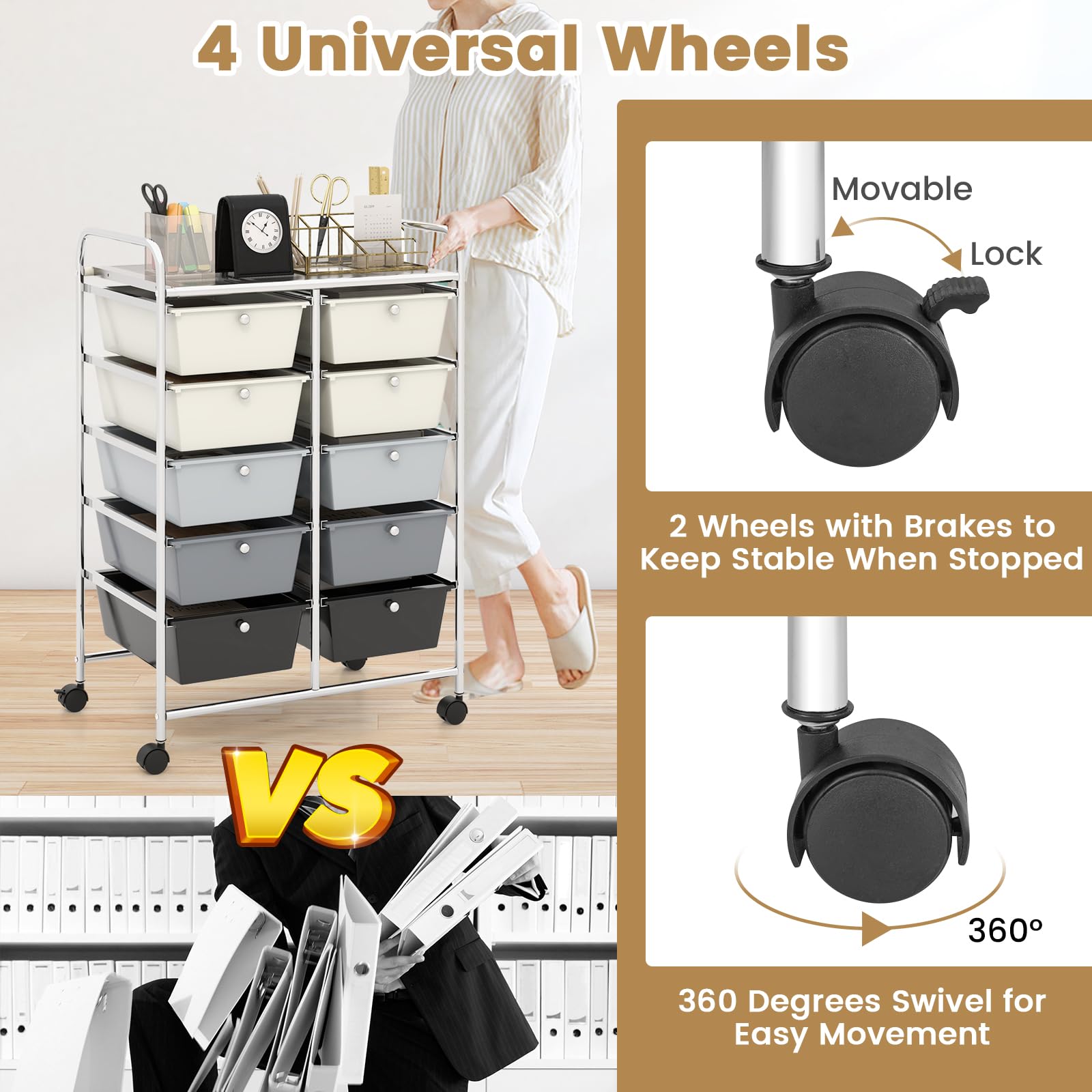 HAPPYGRILL 10-Drawer Rolling Storage Cart with Lockable Wheels - Mobile Organizer Utility Cart for Beauty Salon, School, Office & Home (Grey Gradient) - Perfect for Salon Supplies, Classroom Organization & Home Storage Solutions
