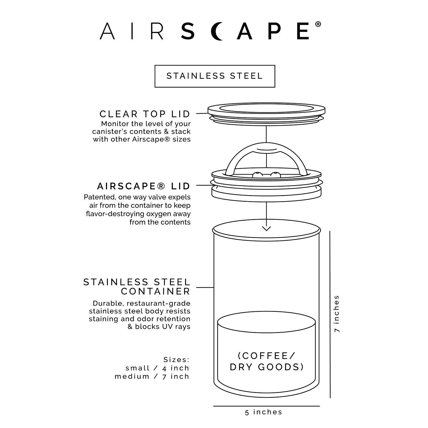 Airscape Stainless Steel Coffee Canister Set of 2 - Airtight Food Storage Containers with Patented Freshness Seal - Brushed Steel (Small & Medium) - Perfect for Kitchen Pantry Organization & Coffee Bean Storage