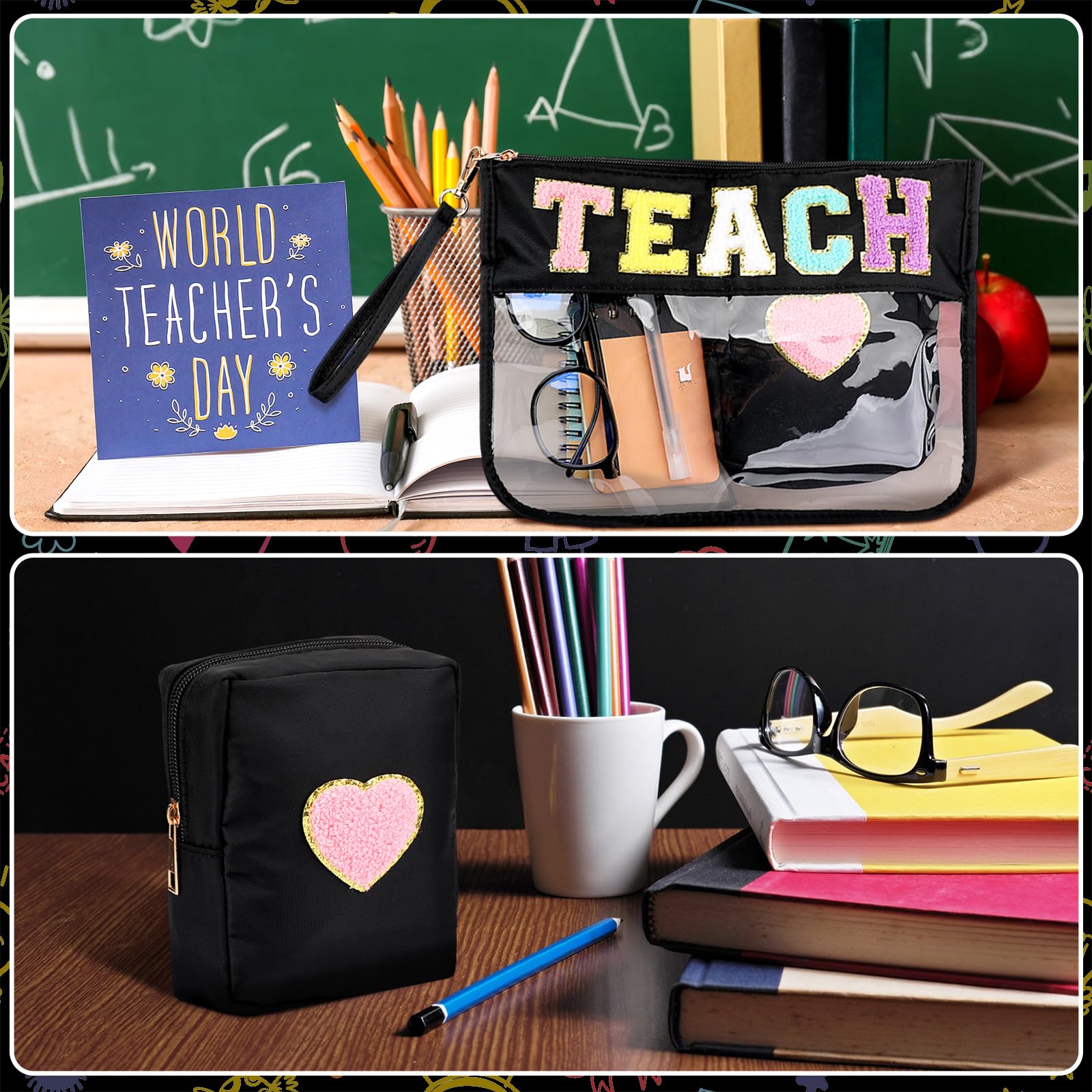 Hillban 2-Pack Teacher Pencil Pouch - Waterproof Cosmetic & Toiletry Bag for Travel, School, Gifts