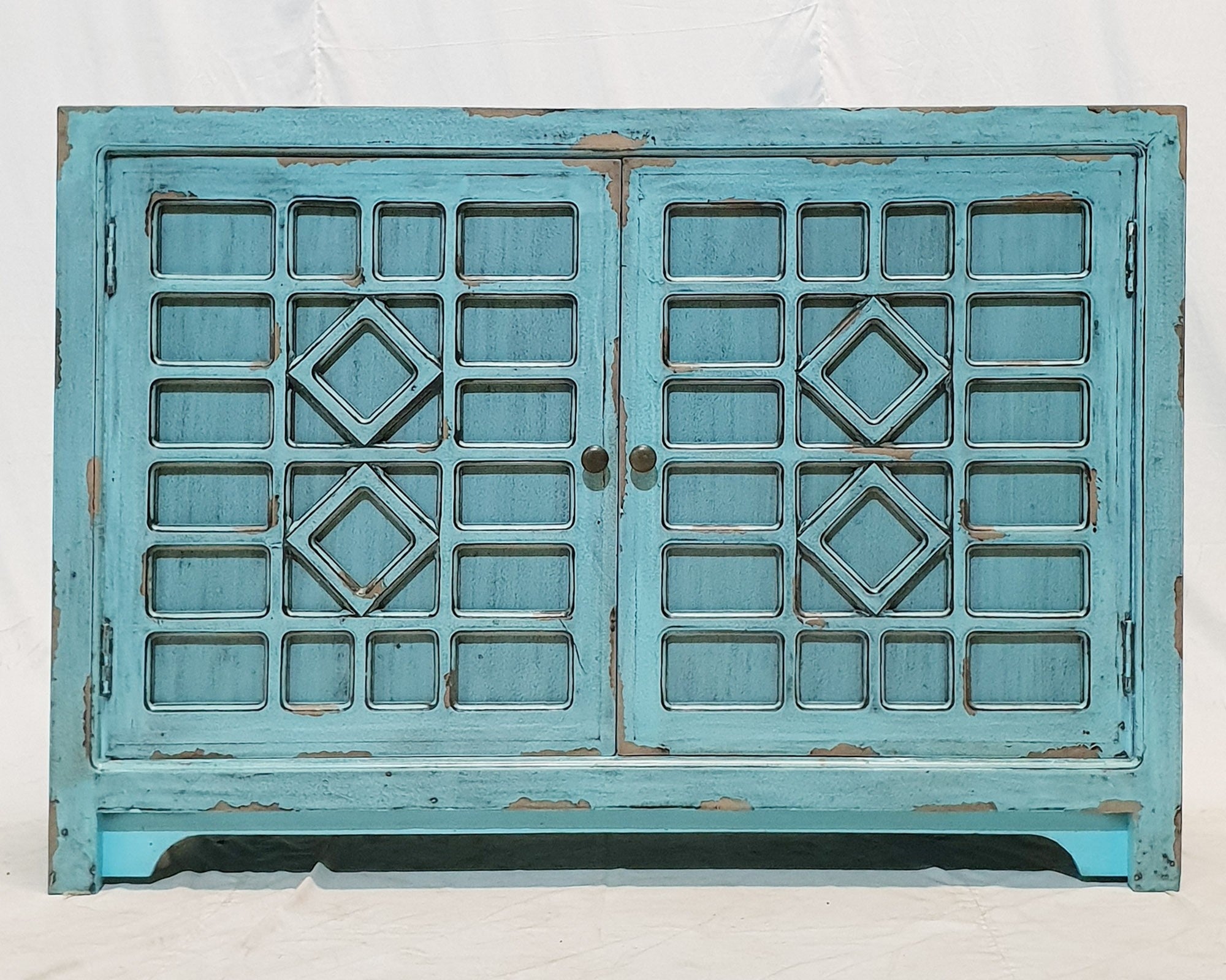 Hand Carved French Arched Buffet Sideboard - Turquoise Distressed Finish - 127x46x86cm - Vintage Kitchen Storage & Dining Room Decor