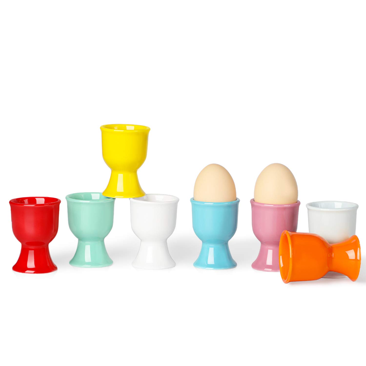 ONTUBE Porcelain Egg Cups Set of 8 - Ceramic Egg Stand Holders for Hard Boiled Eggs, Soft Boiled Eggs & Breakfast - Mix Color for Easter, Brunch & Kitchen Decor