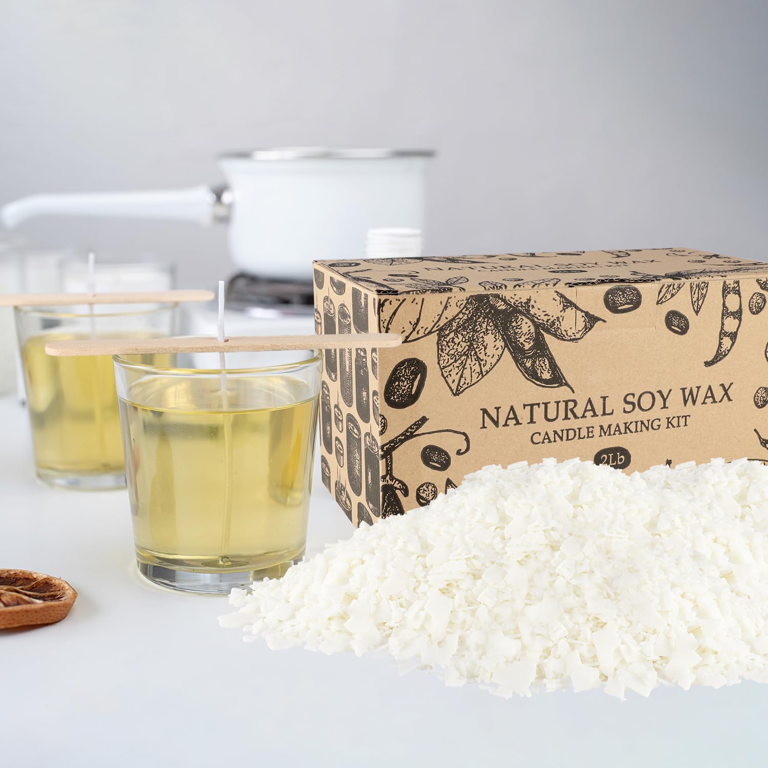 Premium DIY Candle Making Kit with 2LB Natural Soy Wax Flakes, 100 Cotton Wicks & 2 Wooden Wick Holders - Perfect for Home Crafts, Gifts & Aromatherapy Relaxation