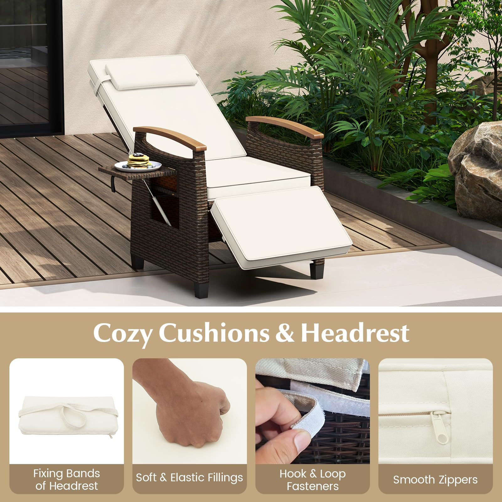 Tangkula Patio Wicker Recliner Chair - Adjustable Rattan Lounge Chair with Flip Side Table & Cushion - Comfortable Outdoor Reclining Seat for Backyard, Porch, Lawn, Poolside - Perfect for Relaxing, Sunbathing & Outdoor Lounging (Off White)
