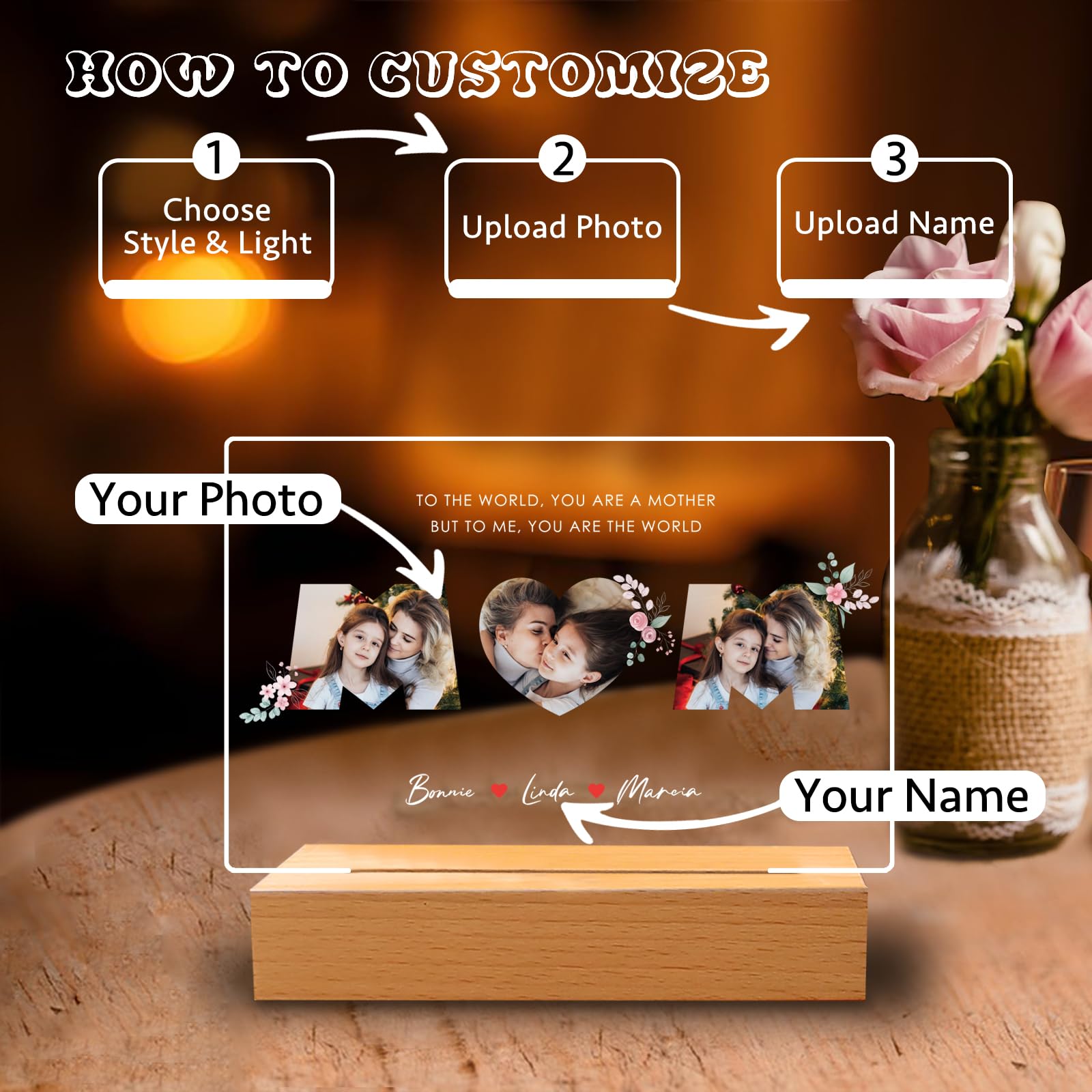 Custom Acrylic Plaque with Photo - Personalized Mother's Day & Birthday Gift for Mom from Daughter or Son - Unique Night Light for Bedroom, Nursery, or Office Decor