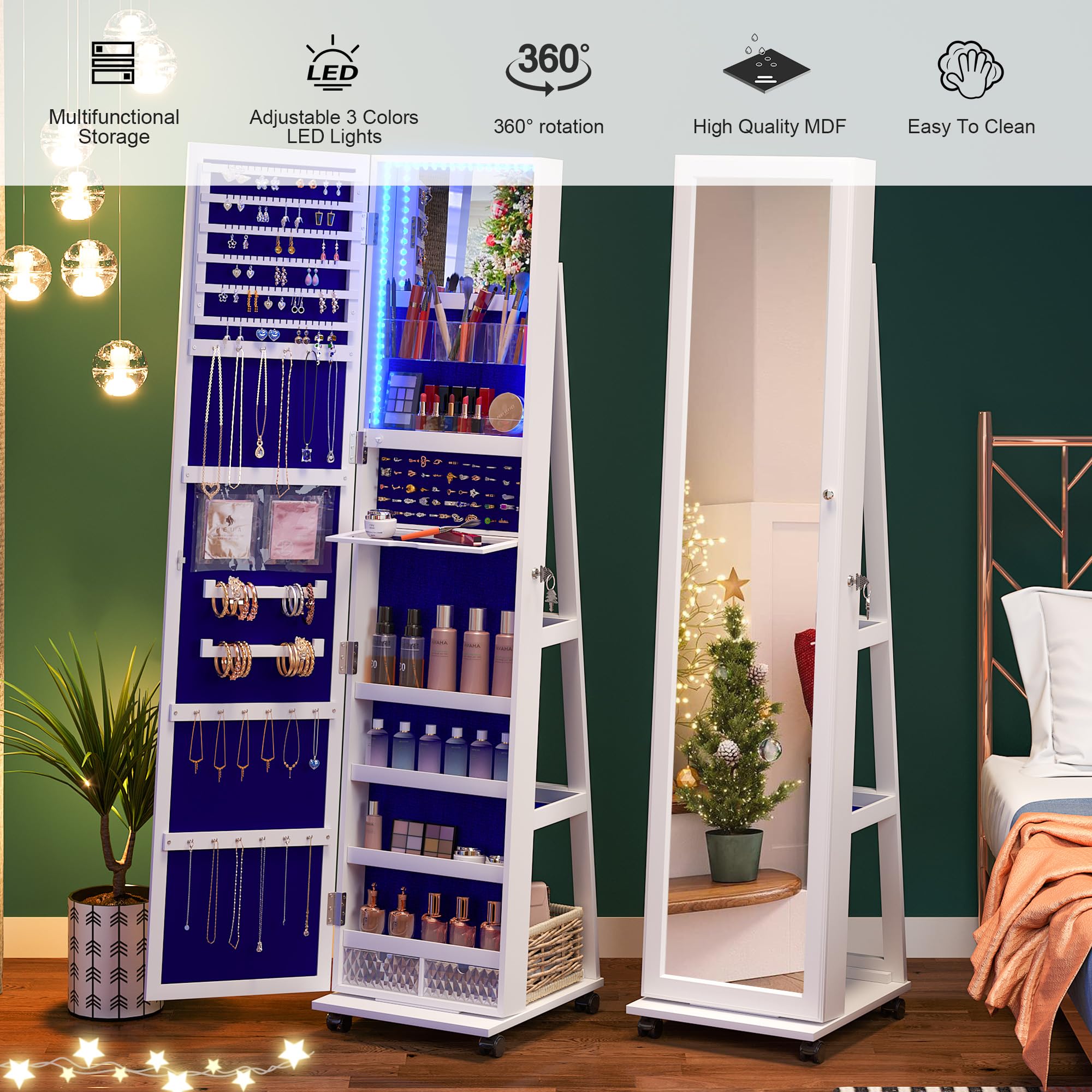 360° Rotating Jewelry Armoire with LED Lights & Lockable Cabinet - Full Length Mirror with Jewelry Storage - Large Jewelry Organizer with Wheels & Foldable Makeup Shelf (White) - Perfect for Bedroom, Dressing Room & Closet Organization