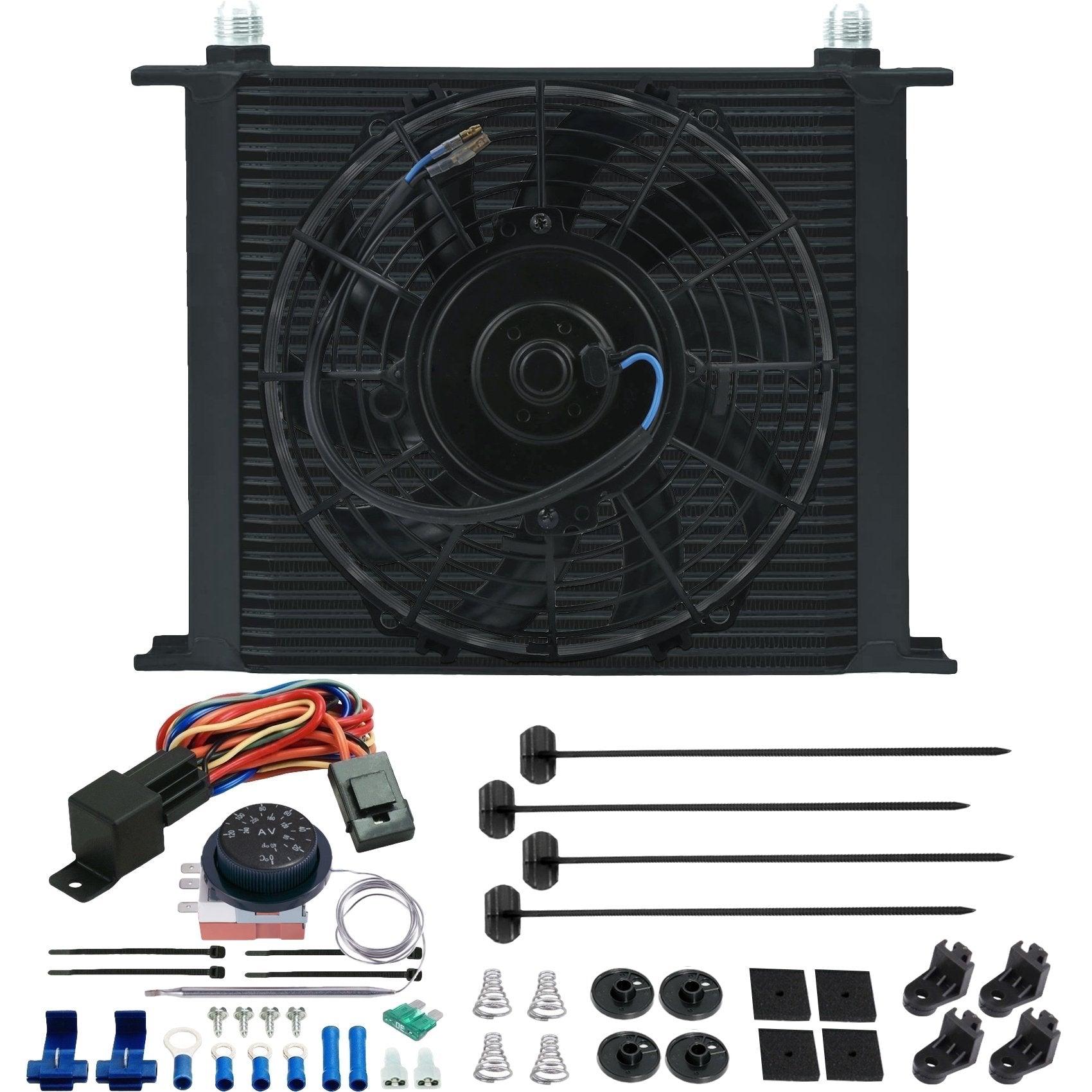34 Row 6 10AN Transmission Oil Cooler with Electric Fan & Adjustable Temperature Controller - Heavy Duty Cooling for Trucks, RVs, and Performance Vehicles
