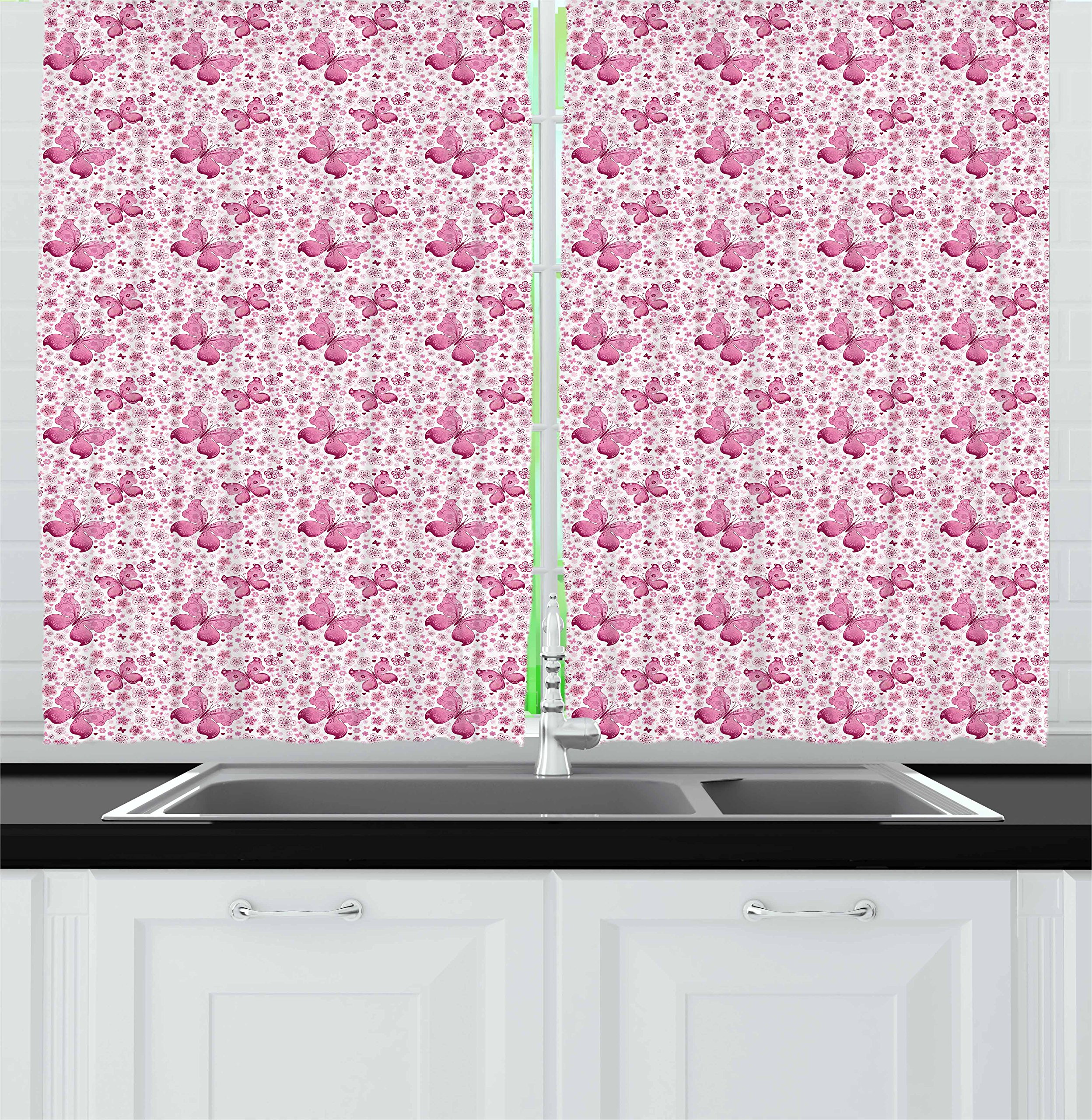 Ambesonne Butterfly Kitchen Curtains Set of 2 Panels - Floral Hearts Animal Print Window Drapes in Vibrant Pale Pink & White - 55