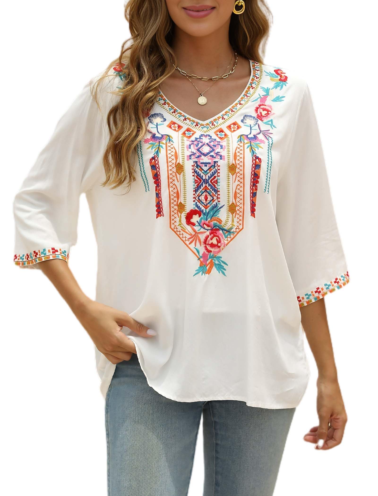 AK Embroidered Peasant Blouse for Women - 3/4 Sleeve Mexican Tunic Top with V-Neck - Traditional Embroidered Casual Shirt for Everyday Wear & Boho Style Outfits