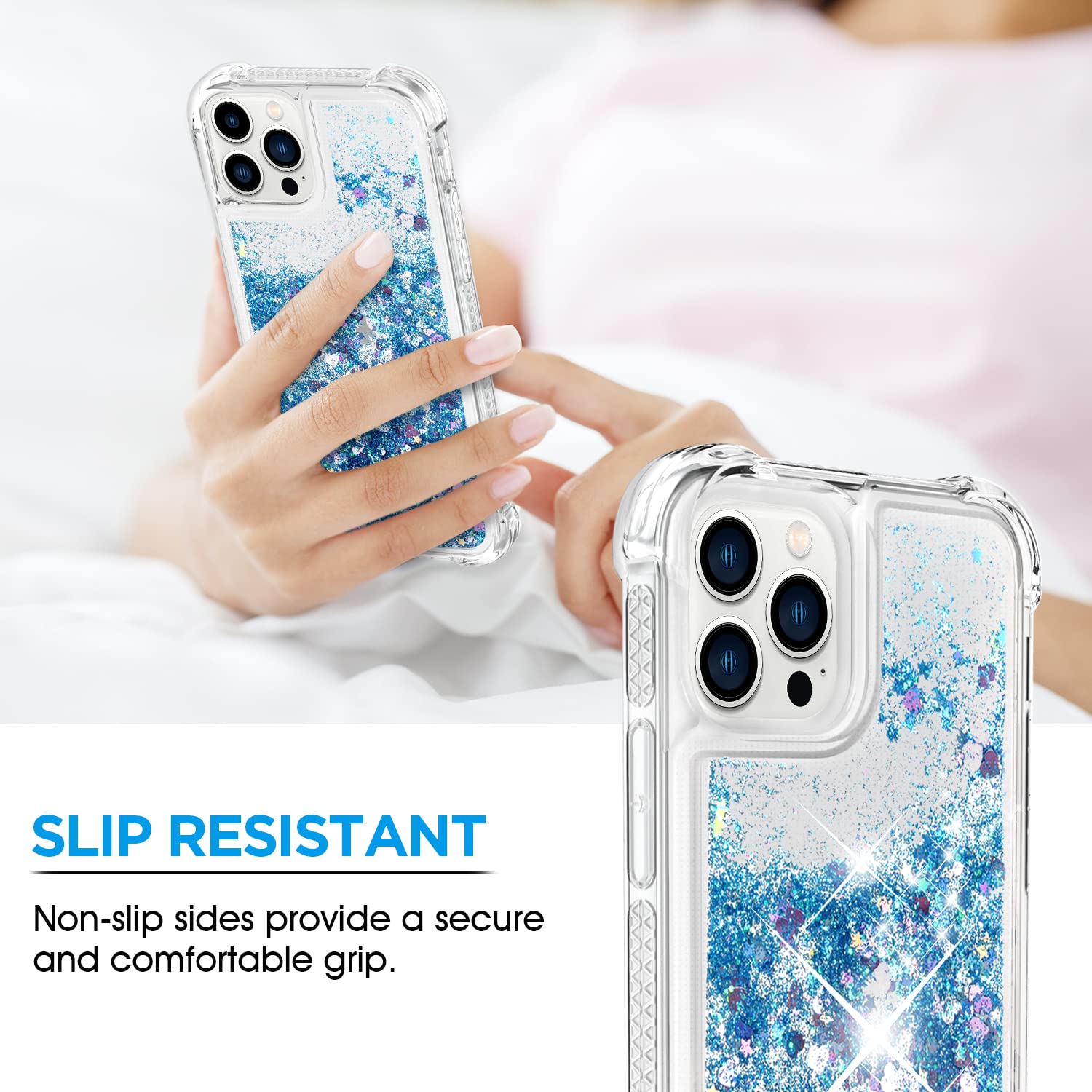ANSHOW Liquid Glitter iPhone 13 Pro Max Case for Women - Slim Clear Sparkly Protective Cover with 2 Screen Protectors | Cute Bling Design for Girls | Perfect for Everyday Use, Parties & Gift Giving