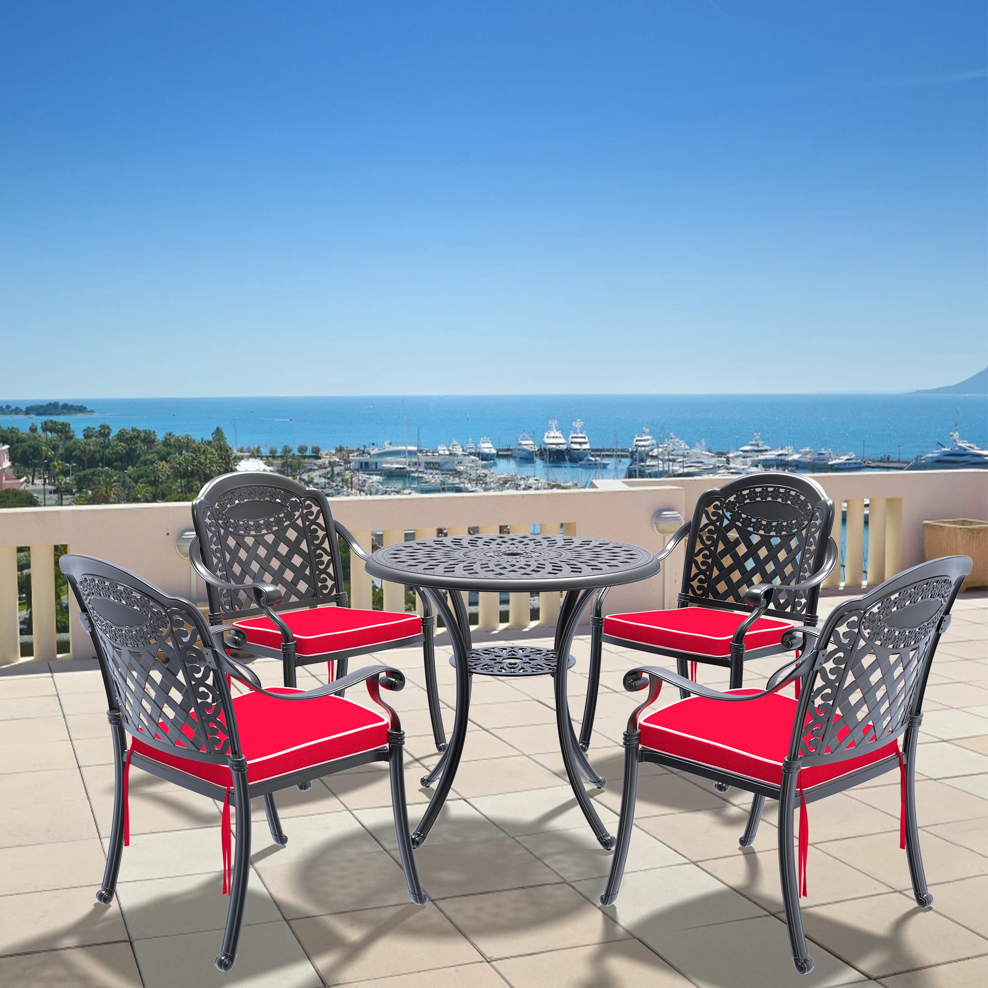 5-Piece Cast Aluminum Patio Furniture Set with Cushions (Random Colors) - Outdoor Dining & Lounge Set for Garden, Poolside, and Backyard Relaxation