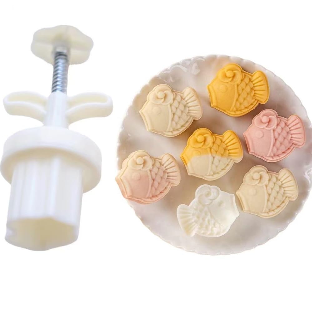 DAVBIR Mooncake Mold Press - Fish Shaped Moon Cake Maker & Cookie Stamps for Baking - Flower Design Plastic Kitchen Gadgets - DIY Pastry Tool for Moon Festival & Dessert Making (White) - Perfect for Asian Desserts, Holiday Baking & Home Kitchen Use