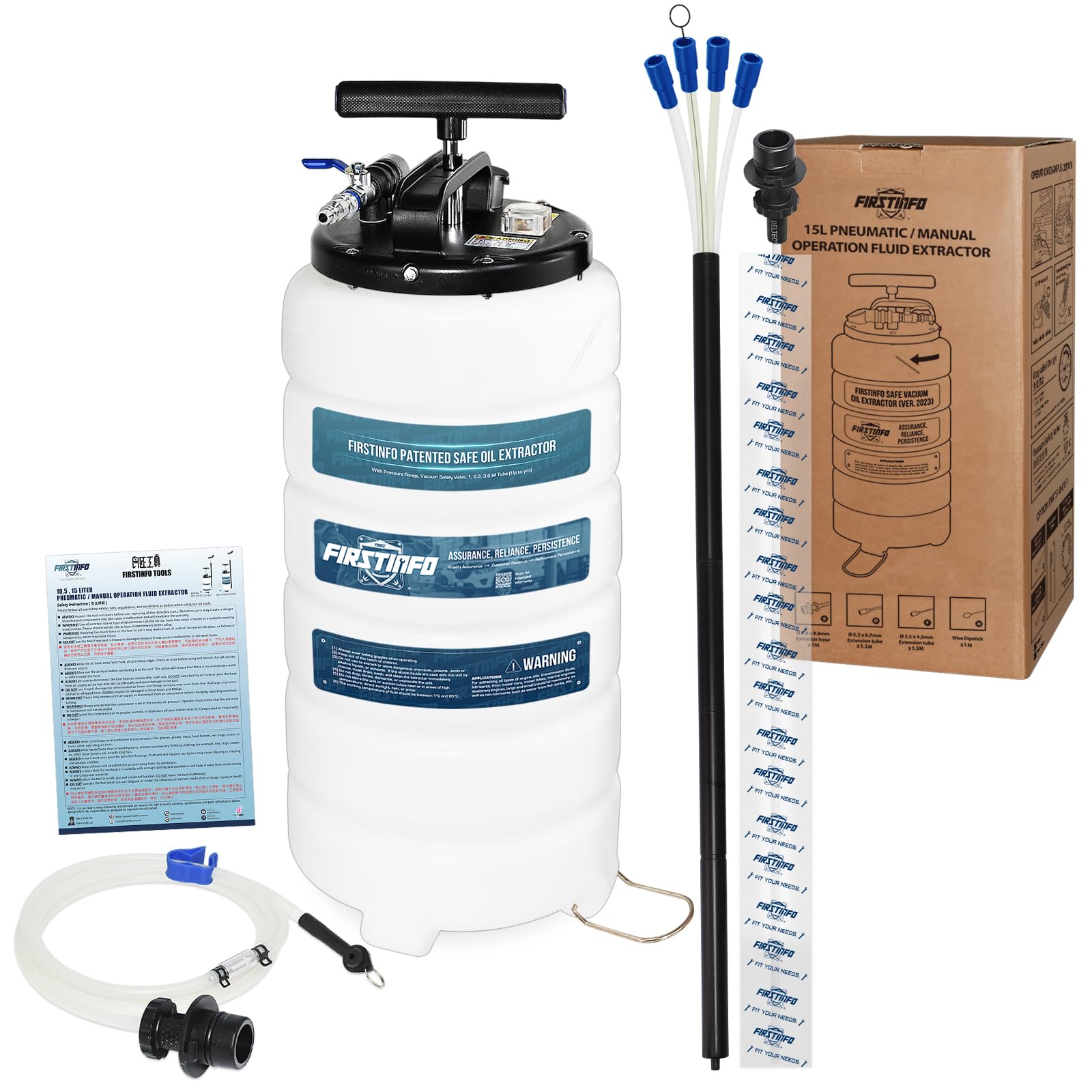 FIRSTINFO A1106US 3rd Gen 15L Oil Vacuum Extractor - Pneumatic/Manual Pump with Safety Gauge | Includes 51