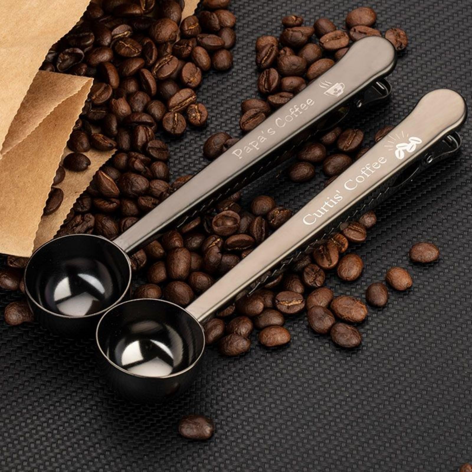 Custom Engraved Coffee Scoop with Clip - Personalized Coffee Measuring Spoon for Kitchen & Travel - Perfect for Home Baristas, Camping & Gifts