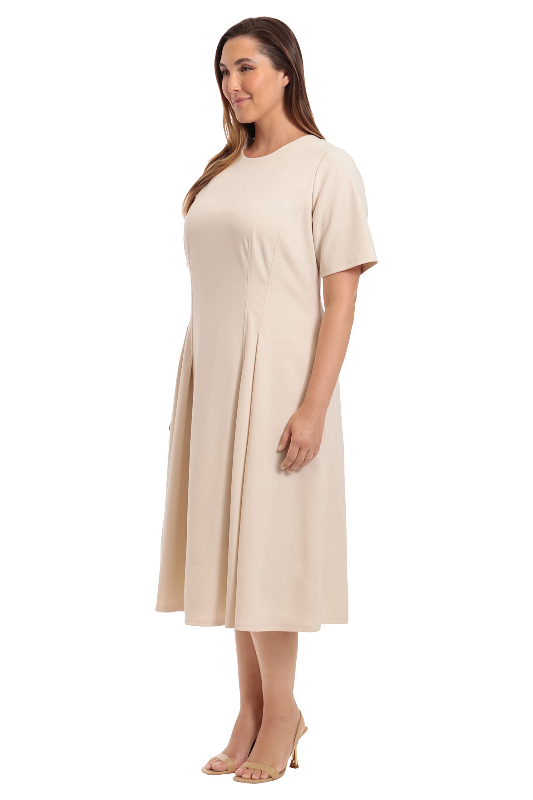 Maggy London Women's Short Sleeve Double Pleat Midi Dress - Elegant Flowy A-Line Dress for Work, Wedding & Special Occasions
