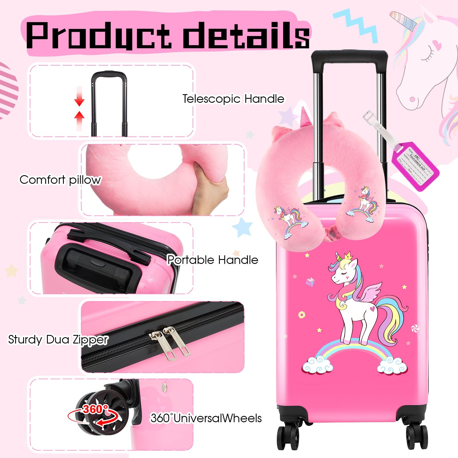 Sanwuta 6-Piece Kids Luggage Set - Pink Unicorn Rolling Suitcases for Girls (18