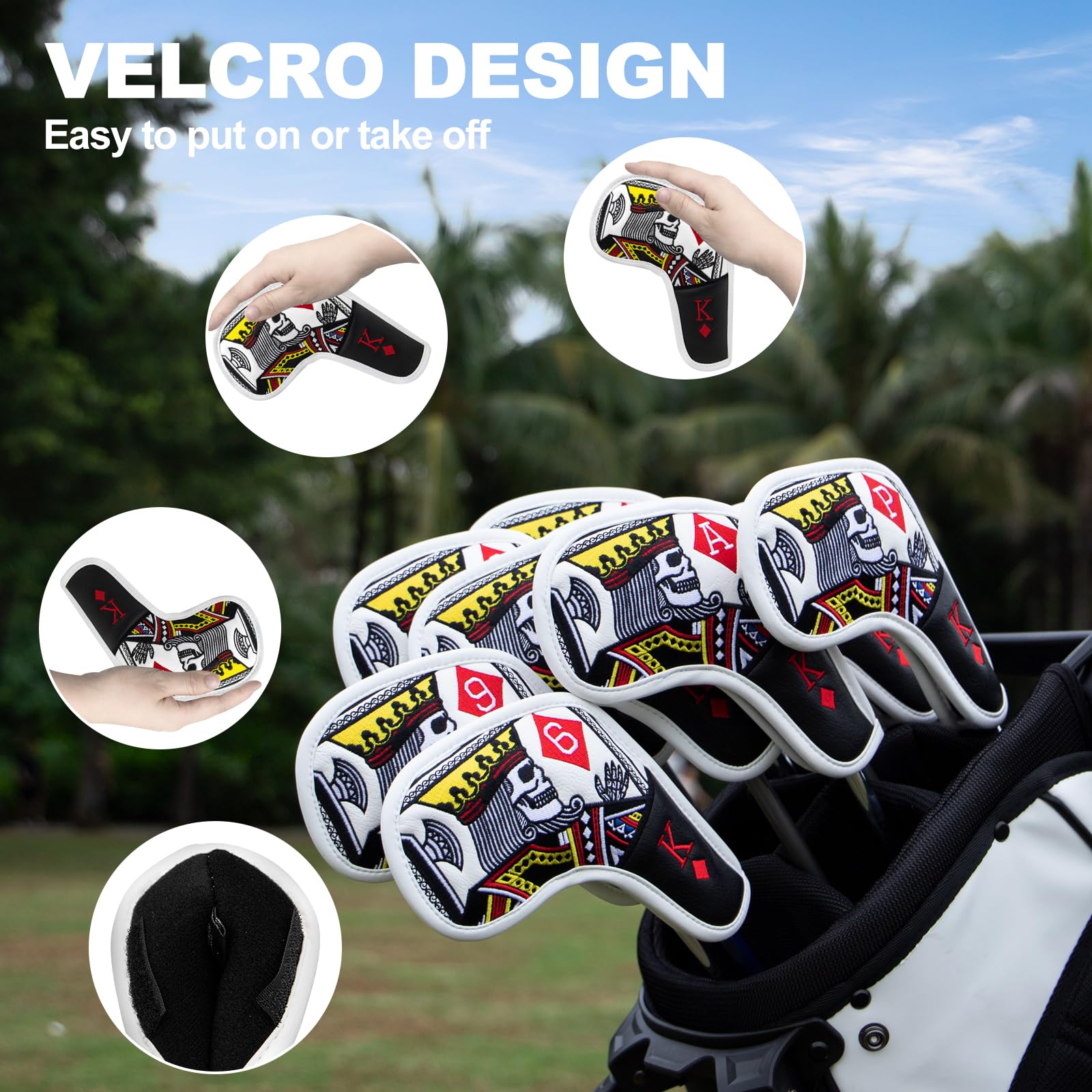 BAIRBRE Premium Leather Golf Iron Head Covers Set of 9 - Poker Diamond King Design with Magic Tape for Titleist, Callaway, Ping, Taylormade 5-9 APSX - Protect Your Clubs During Play & Travel