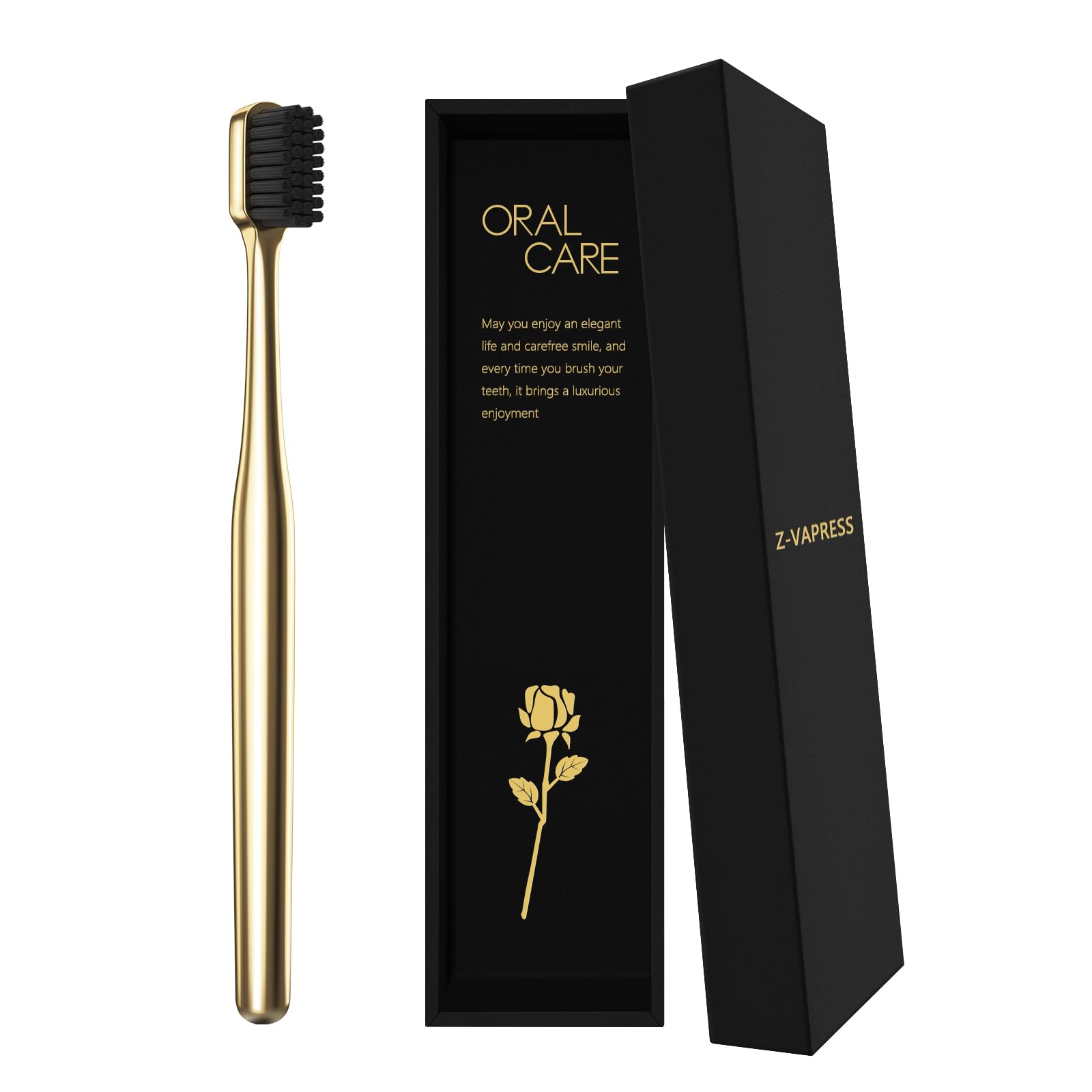 Premium Gold Plated Toothbrush with Soft Charcoal Bristles - Luxury Travel & Home Oral Care for Adults - Gentle Cleaning & Stain Removal for Fresh Breath