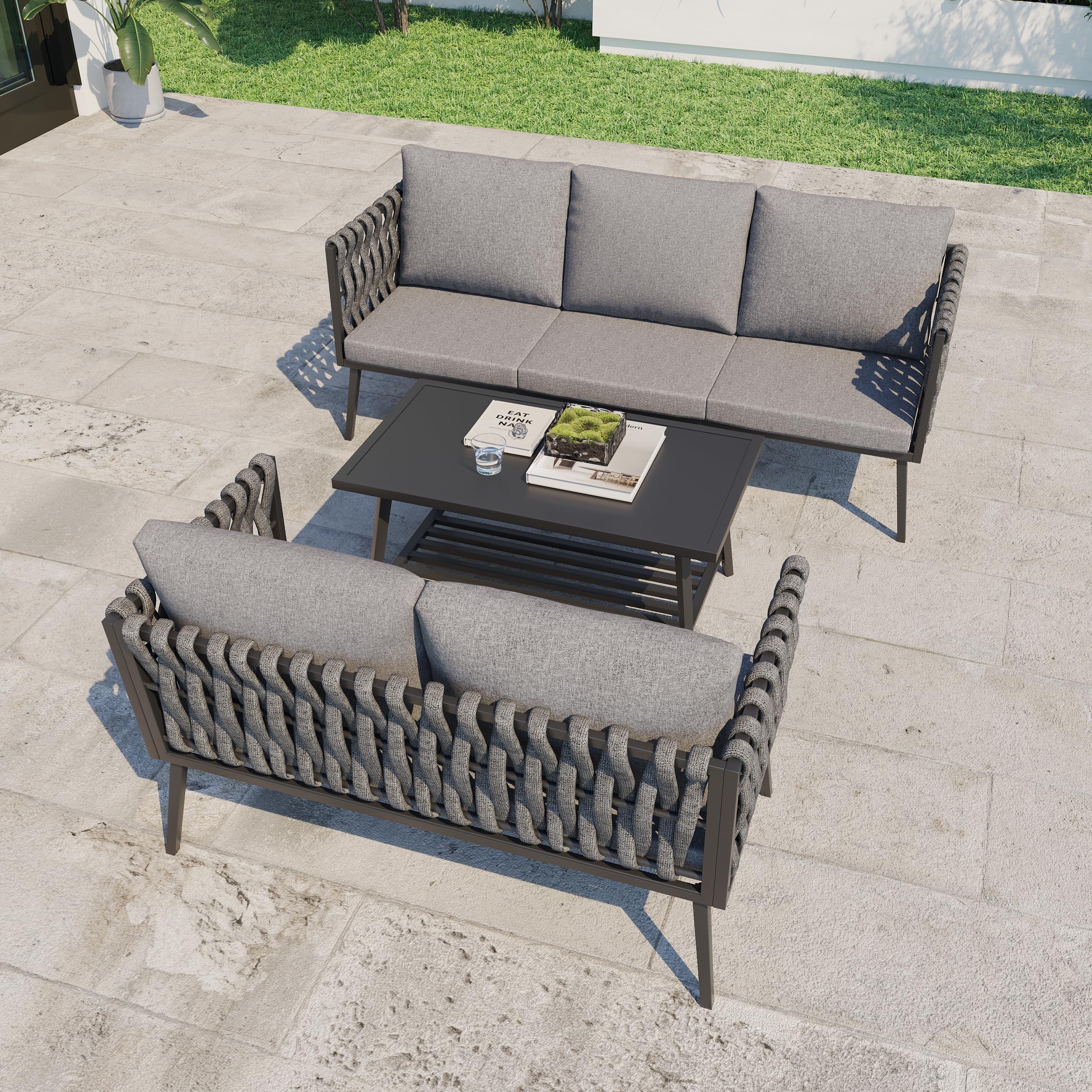 Modern 5-Piece Outdoor Patio Furniture Set - 3-Seater Sofa, Loveseat & Coffee Table - Durable Aluminum Frame with Woven Rope Design - Grey Conversation Set for Garden, Balcony, Yard - Perfect for Outdoor Entertaining & Relaxation