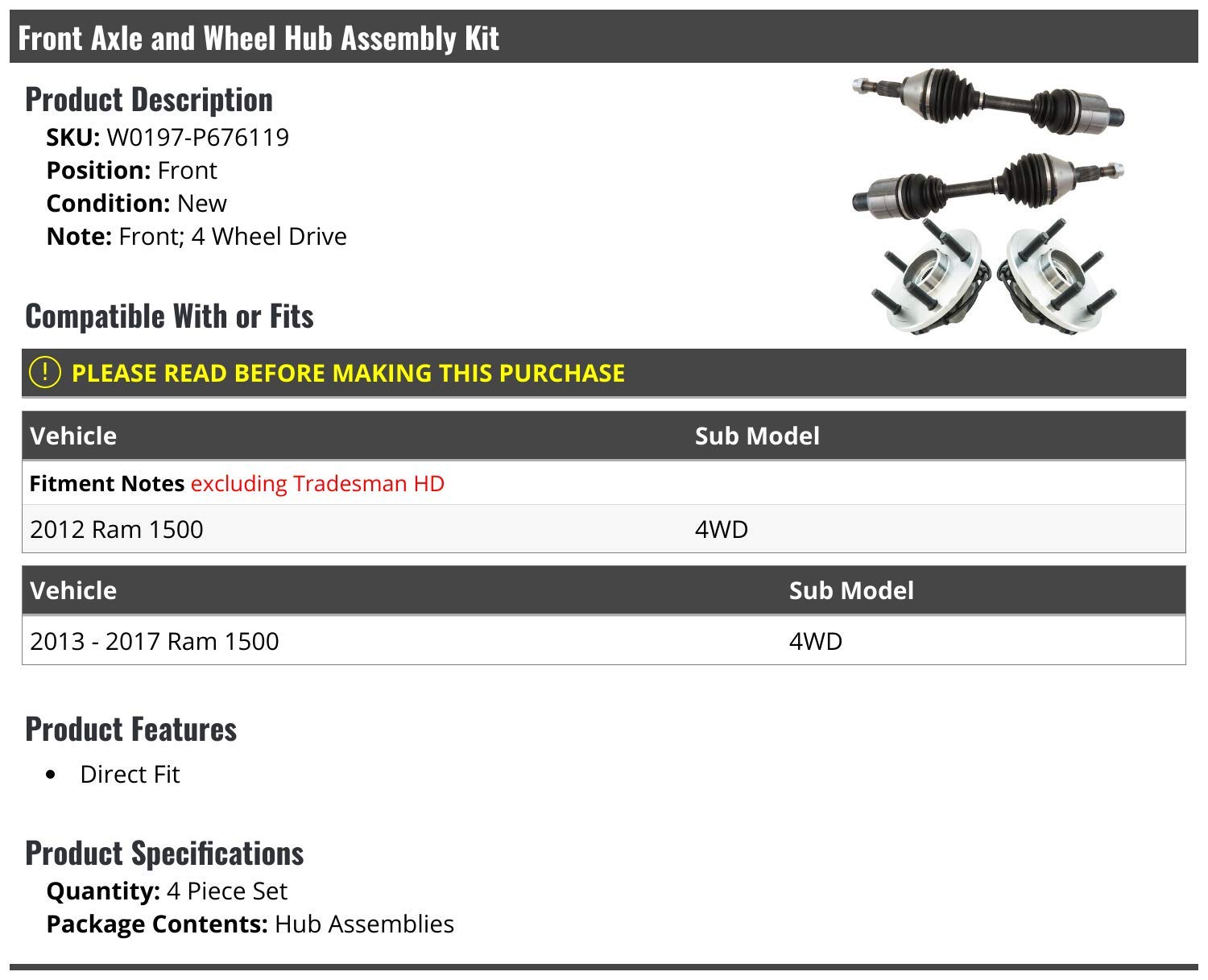 Front Axle and Wheel Hub Assembly Kit for 2012-2017 Ram 1500 4WD - 4 Piece Set - Heavy Duty Replacement Parts for Off-Road & Towing Use