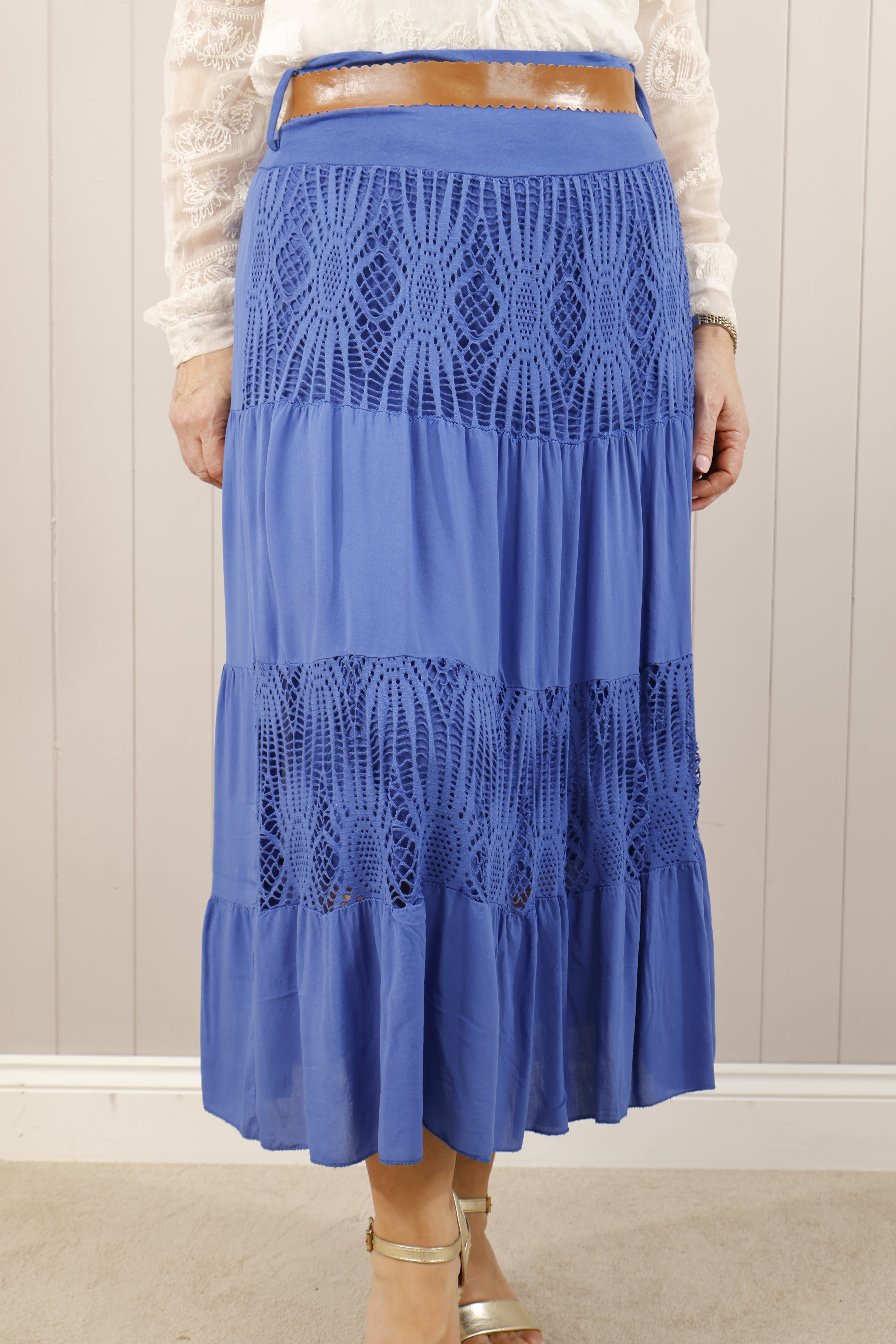 Royal Blue Crochet Panel Gypsy Skirt - Boho Chic Summer Maxi Skirt for Women - Perfect for Beach Vacations, Music Festivals & Boho Fashion