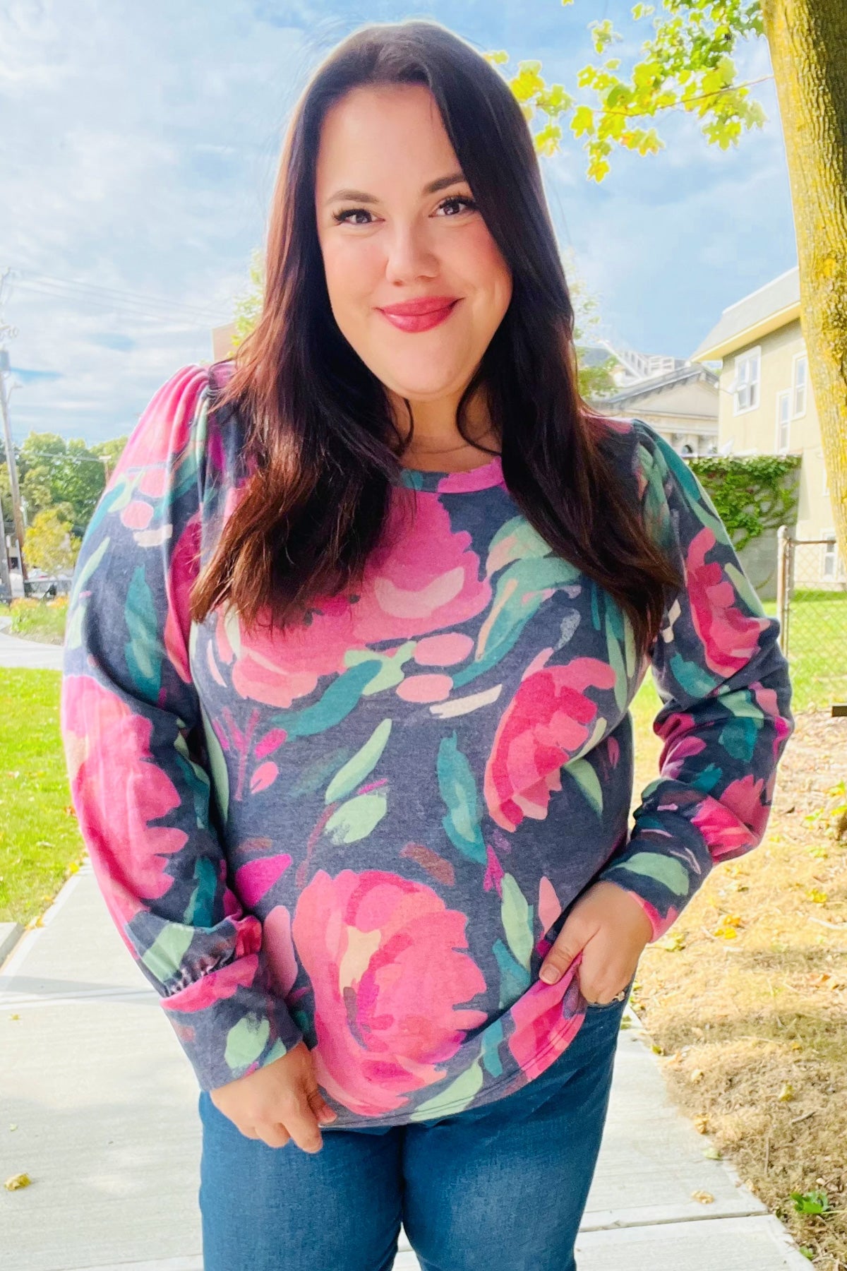 Navy Floral Brushed Hacci Sweater Top for Women - Soft Comfortable Knit Pullover for Fall & Winter | Perfect for Casual Outings, Office Wear & Date Nights