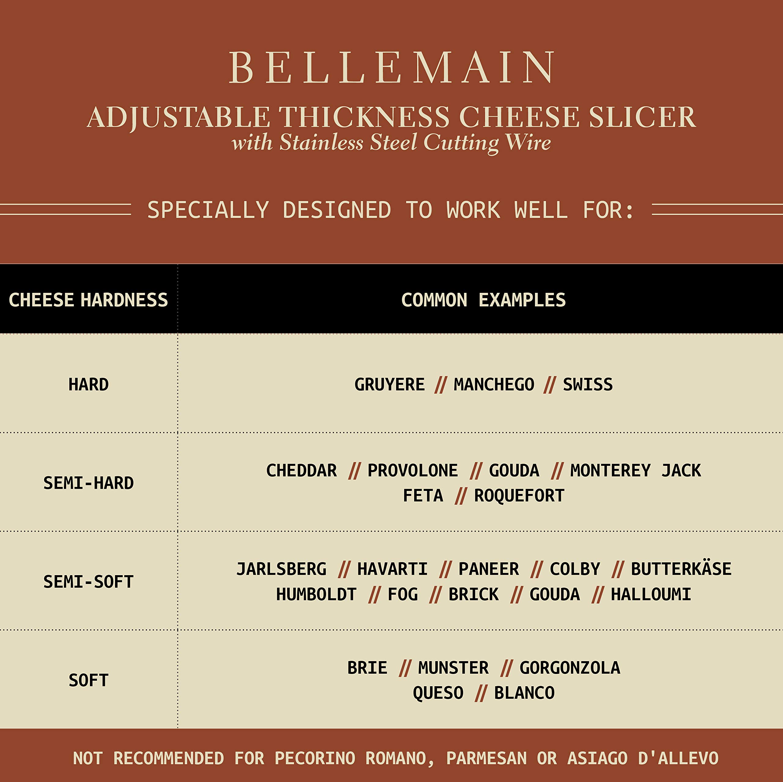 Bellemain Stainless Steel Wire Cheese Slicer - Adjustable Handheld Cheese Cutter for Cheddar, Gruyere, Raclette, Mozzarella - Cheese Shaver & Curler for Perfect Thin or Thick Slices (Gold) - Ideal for Charcuterie Boards, Party Platters & Home Kitchen Use