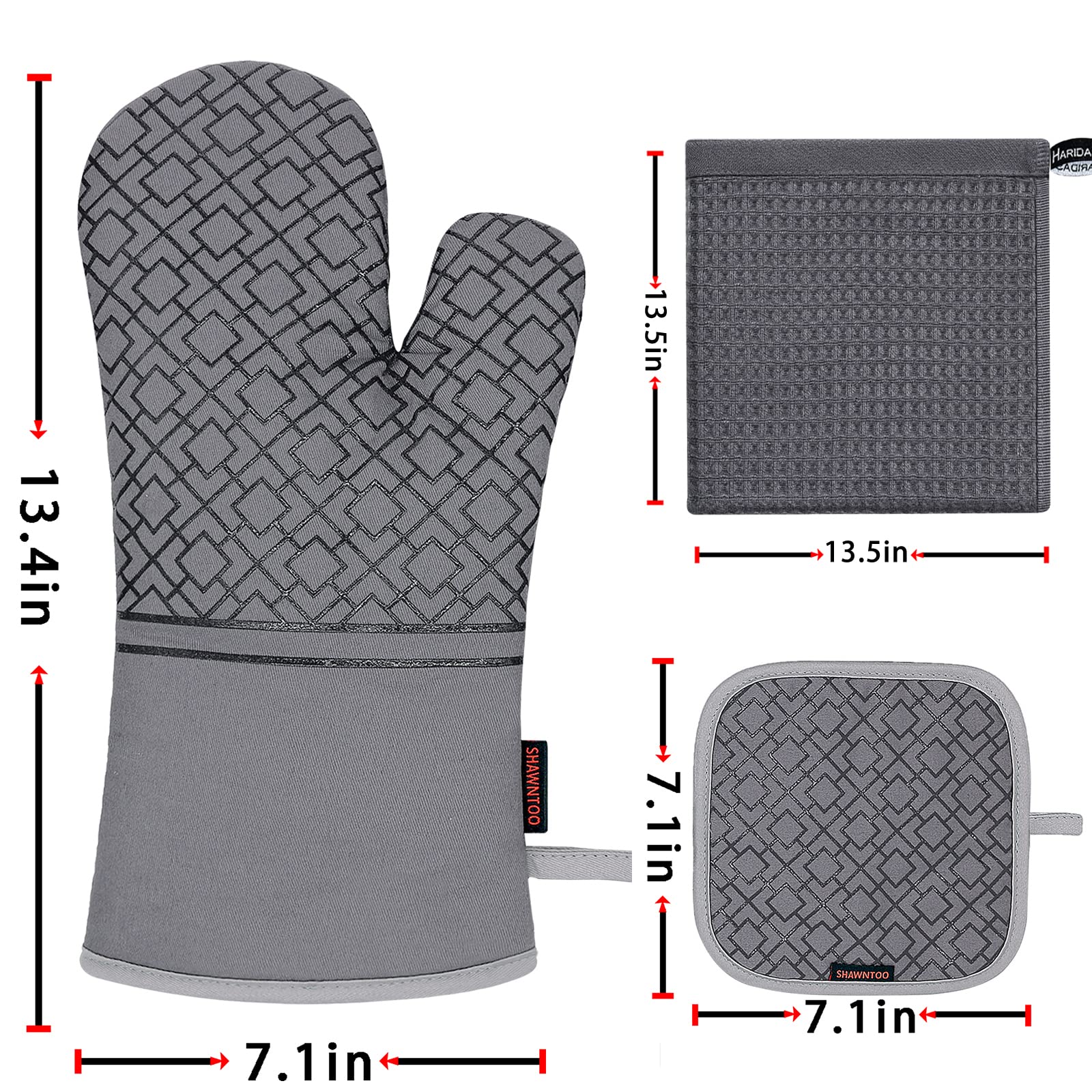 6-Piece High Heat Resistant Oven Mitts and Pot Holders Set - 550°F Extra Long Kitchen Gloves with Non-Slip Silicone Surface for Baking, Grilling & Cooking - Perfect for Home Essentials (Grey)