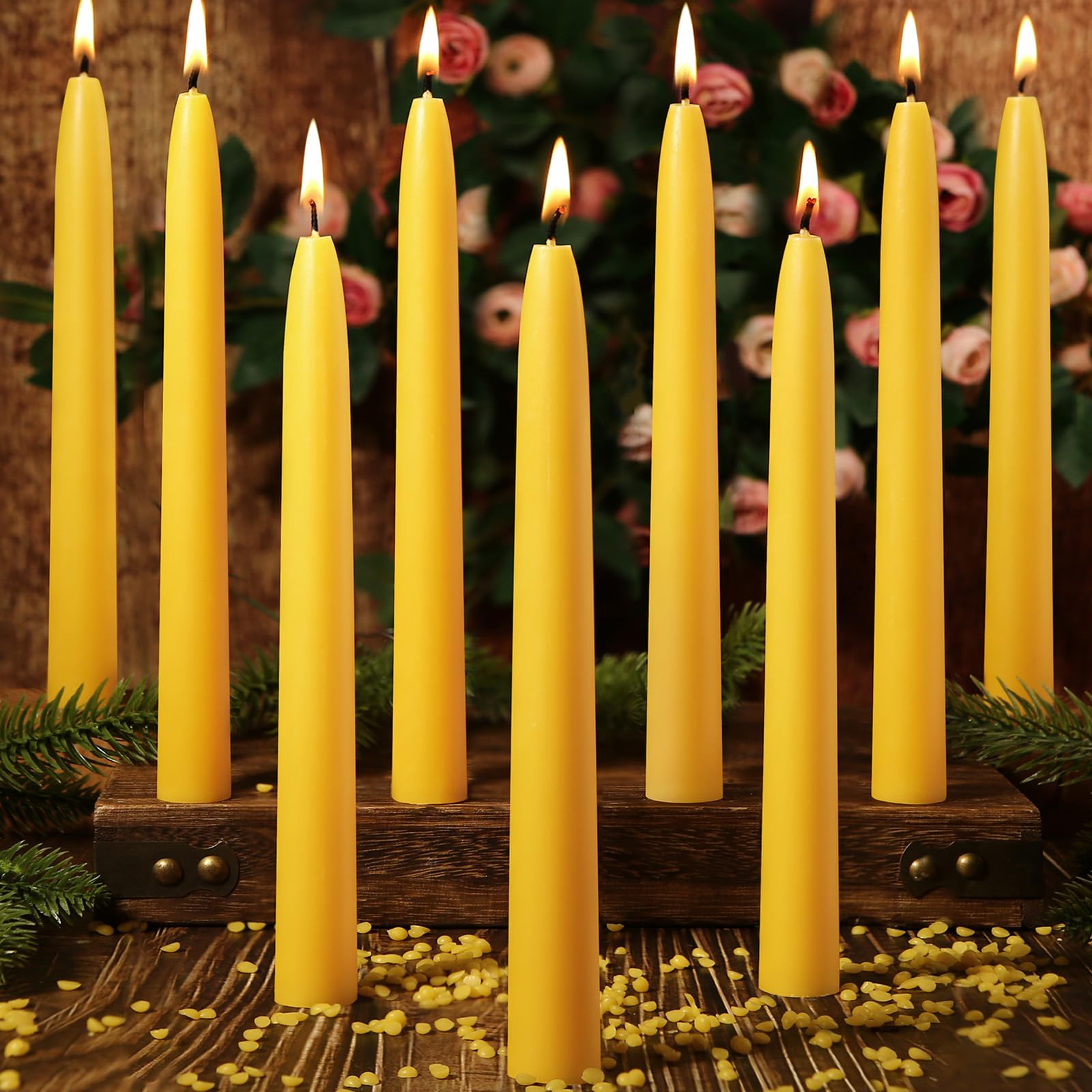 18 Pack Natural Beeswax Taper Candles - 9 Inch Dripless Pure Beeswax Candlesticks, 10 Hour Burn Time, Unscented Smokeless Dinner Candles for Romantic Dining, Wedding Centerpieces & Home Decor