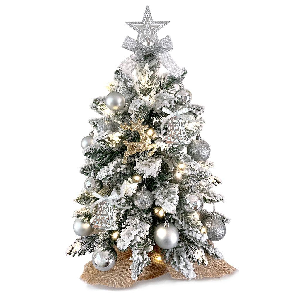 22in Flocked Snow Artificial Christmas Tree with LED Lights - Mini Red Tabletop Xmas Decor for Home, Office, Party & Holiday Decoration