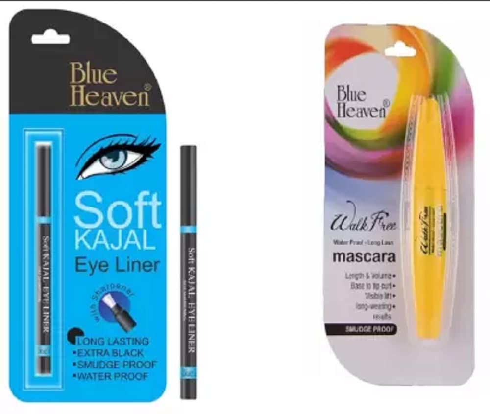 Blue Heaven Walk Free Mascara with Soft Kajal (Pack of 2) - Volumizing & Smudge-Proof for Natural Daytime & Nighttime Looks
