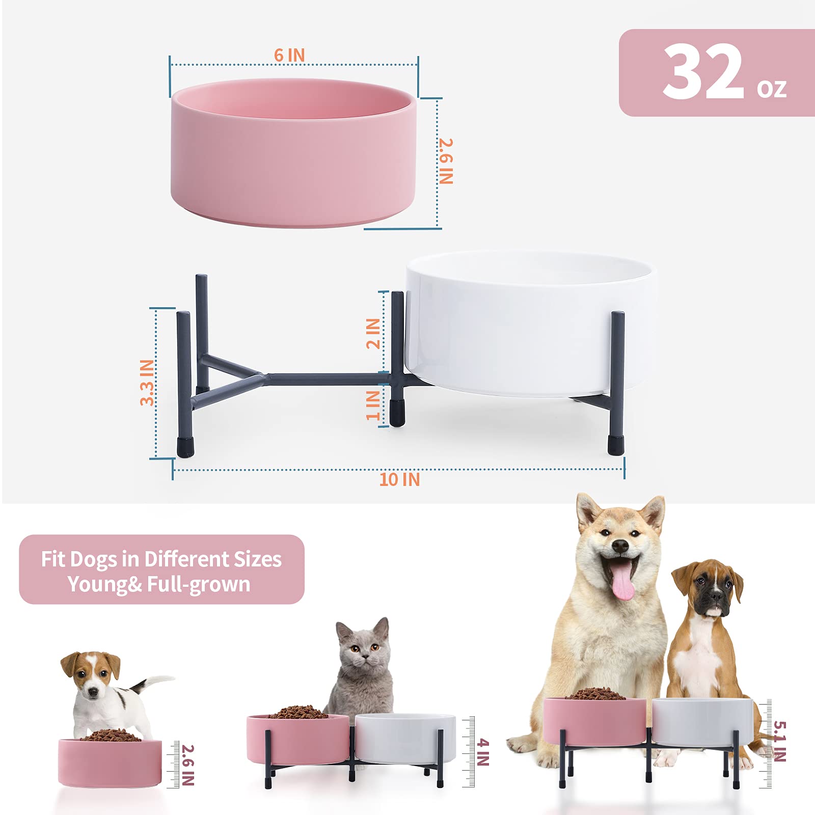 32oz Ceramic Raised Dog Bowls Set with Non-Slip Mat - 6 Inch Elevated Pet Food & Water Dishes with Metal Stand for Medium Dogs & Cats (Pink & White, 2-Pack) - Perfect for Dining Areas, Kitchens & Pet Feeding Stations