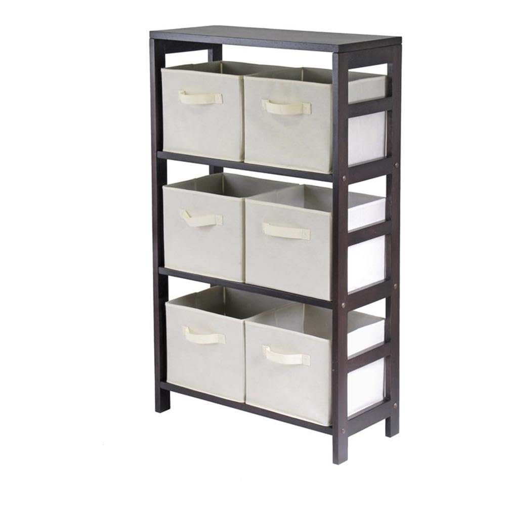 Winsome Wood Capri 3-Tier Storage Shelf with 6 Beige Fabric Baskets - Foldable Organizer for Bedroom, Bathroom & Closet - Space Saving Home Decor Solution