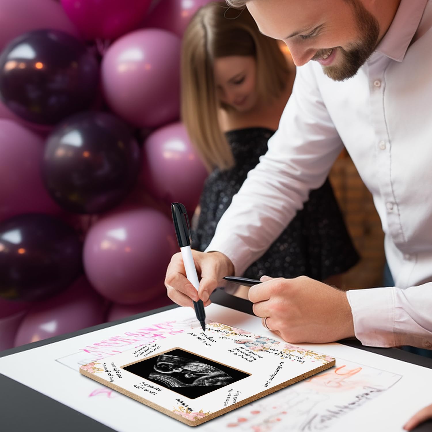 Baby Shower Sign Picture Frame - Pregnancy Announcement Sonogram Photo Frame - Pink Elephant Guest Book Display - 4.3 x 5.3 Inch - Perfect for Baby Showers, Gender Reveals & Nursery Decor