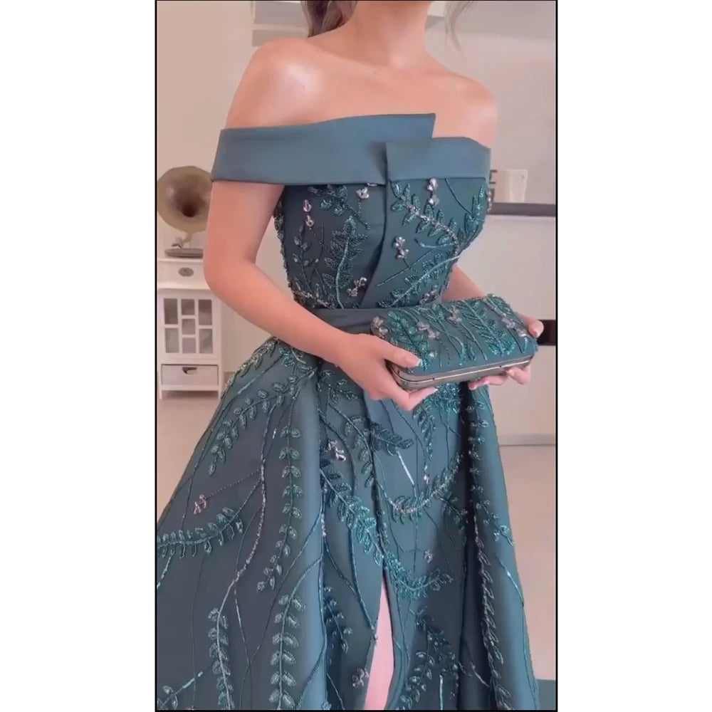 Luxury Dubai Green Arabic One Shoulder Satin Evening Gown Beaded Dress with Overskirt and Split - Elegant Formal Wear for Weddings, Galas & Special Occasions