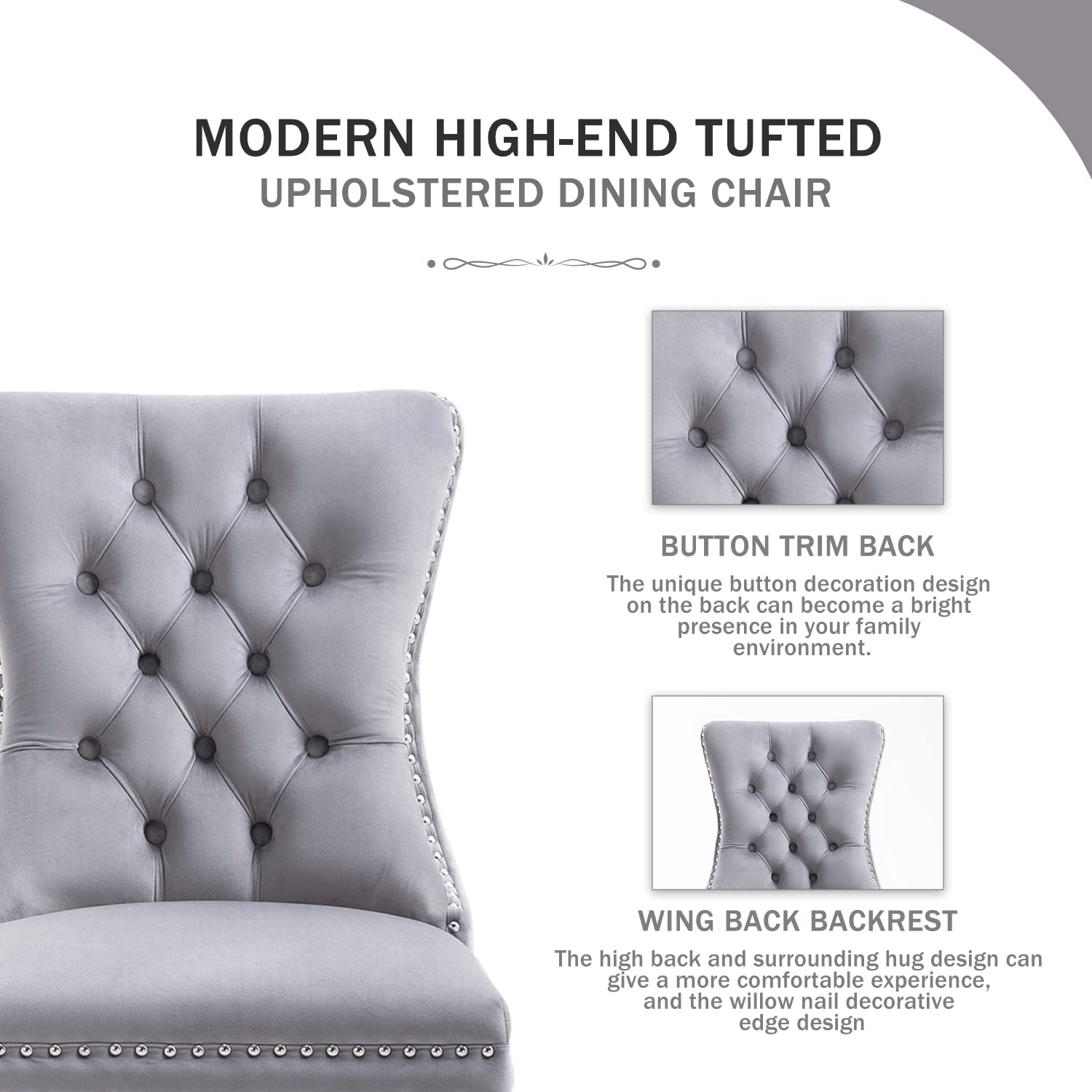 Kiztir Velvet Dining Chairs Set of 4 - Upholstered Luxury Tufted Chairs with Nailhead Trim & Button Back - Elegant Accent Chairs for Dining Room, Living Room, Kitchen or Bedroom (Light Gray) - Perfect for Home Decor, Dinner Parties & Cozy Gatherings