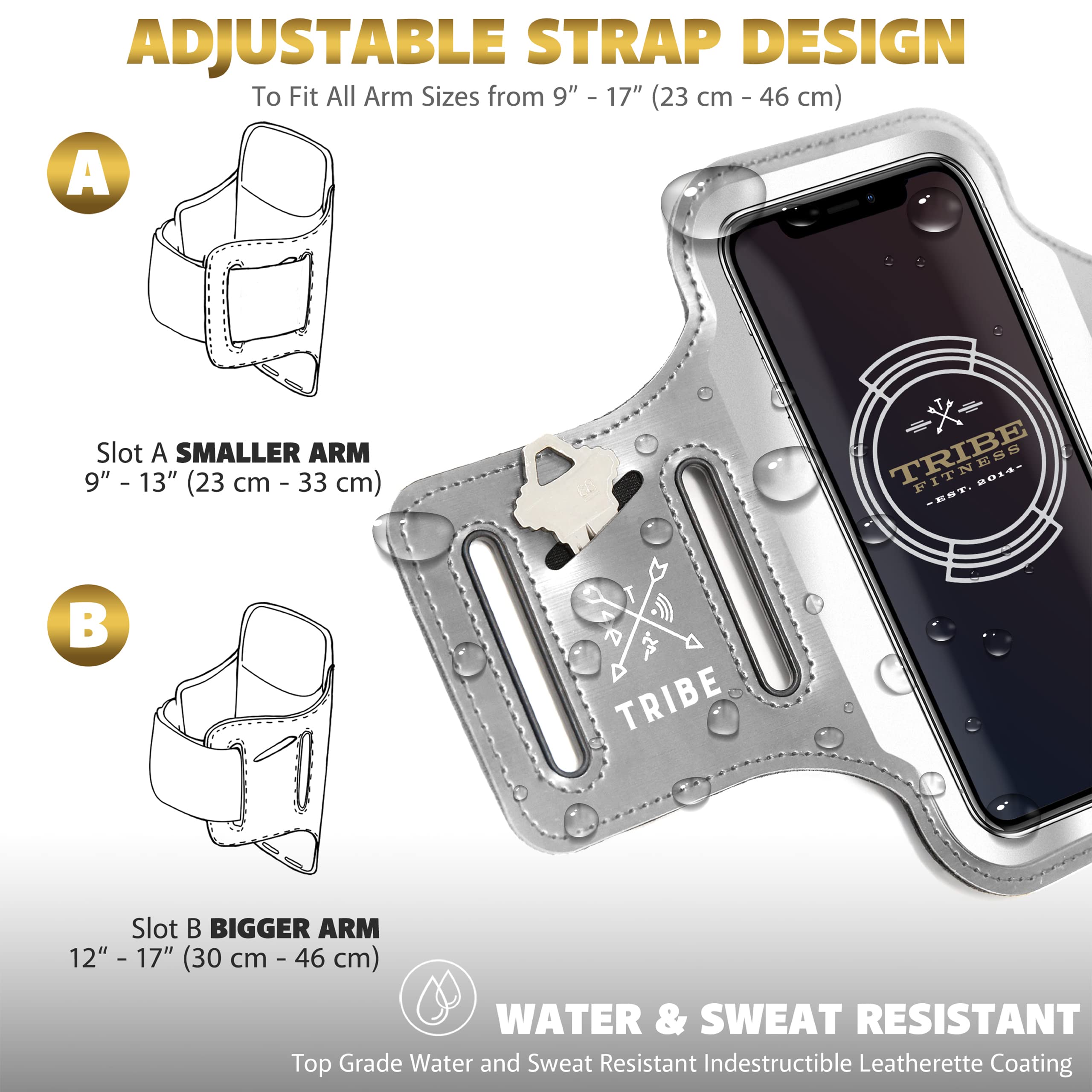 TRIBE Running Phone Holder Armband for iPhone & Galaxy - Adjustable Sports Armband for Men & Women - Perfect for Running, Jogging, Walking, Gym Workouts - Fits All Smartphones with CC/Key Pocket - Stay Connected During Outdoor Activities & Fitness Training