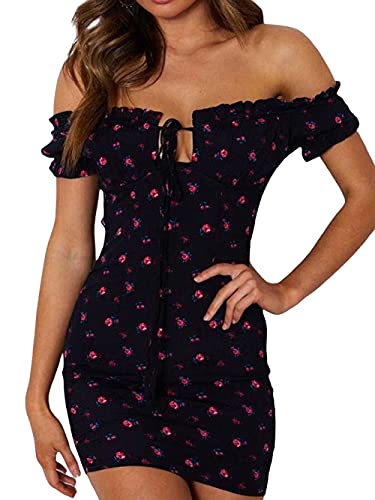 Women's Floral Wrap Dress Off Shoulder Tie Front Ruffle Bodycon Mini Dress - Summer Sundress for Beach, Vacation & Date Night
