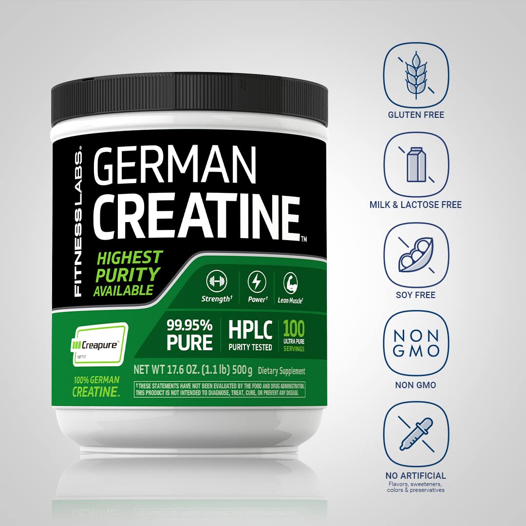 Fitness Labs German Creatine Monohydrate Powder - 1.1 lb Pure Creapure Supplement for Muscle Growth & Recovery | 100 Servings | Ideal for Pre/Post Workout, Bodybuilding & Athletic Performance