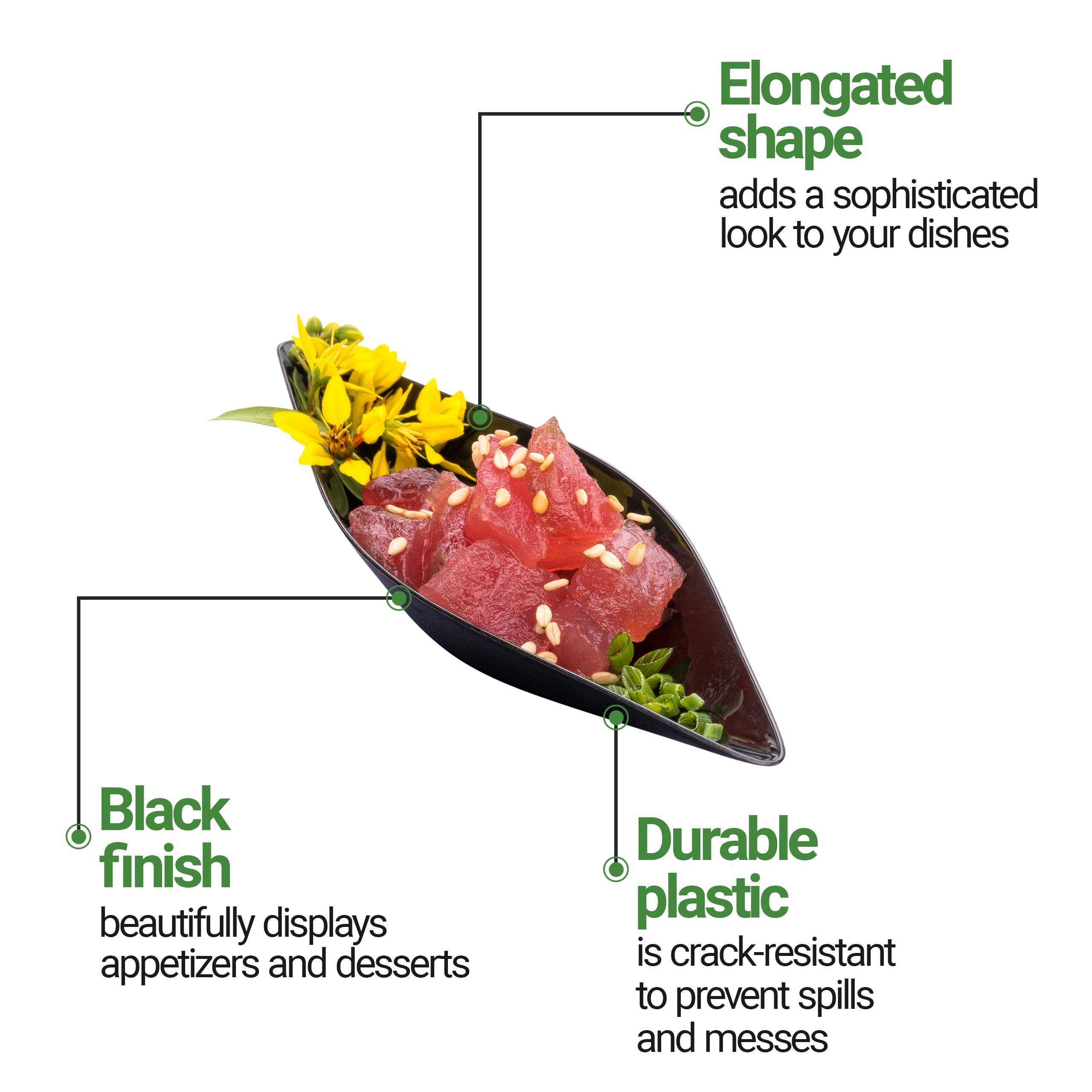 Restaurantware 1 oz Disposable Dipping Sauce Bowls - 100-Pack Black Plastic Canoe-Shaped Small Dishes for Sauces, Appetizers, Desserts & Samples | Perfect for Restaurants, Catering, Parties & Food Sampling