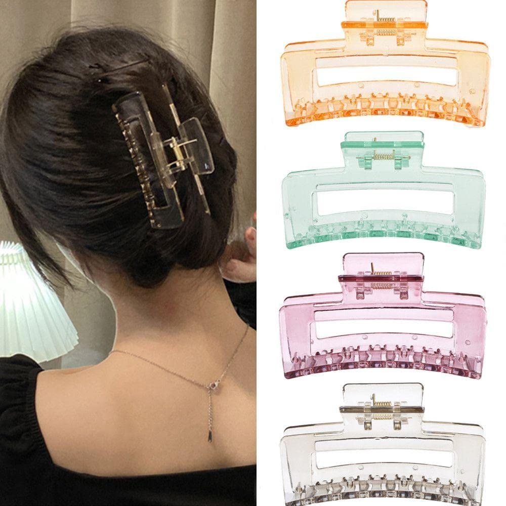 Bakefy 4-Piece Transparent Candy Color Large Hair Claw Clips - Strong Hold Butterfly Hair Clamps for Women, Perfect for Thick Hair, Ponytails & Updos (4 Pack)