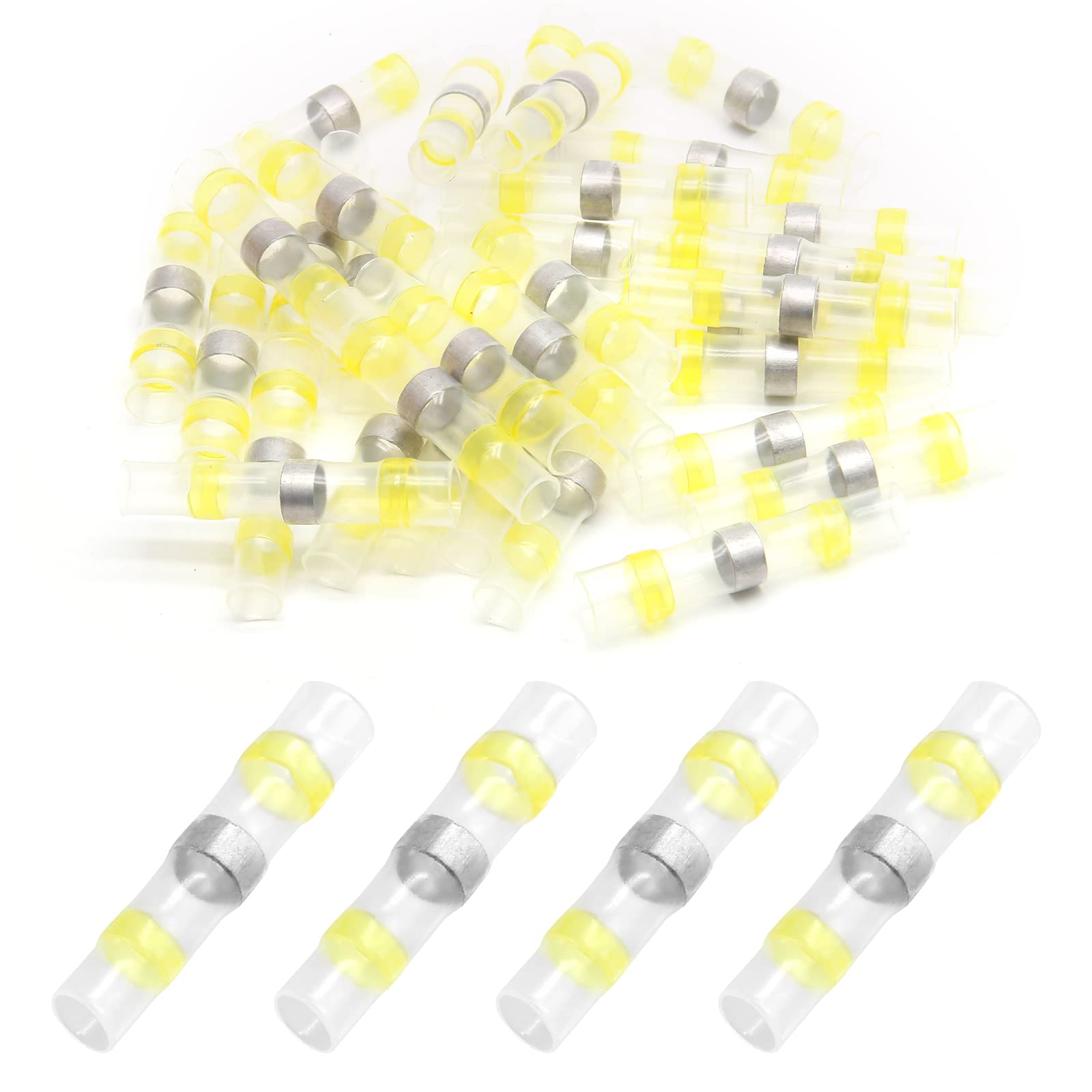 100Pcs 12-10 AWG Waterproof Heat Shrink Solder Sleeve Butt Connectors - Self-Soldering Electrical Wire Connectors (Yellow) for Marine, Automotive & Outdoor Electrical Wiring