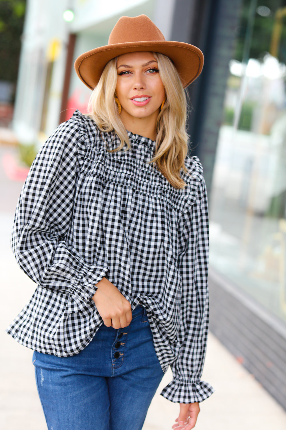 Stylish Black Gingham Shirred Yoke Mock Neck Frilled Top for Women | Vintage-Inspired Blouse for Casual Outfits & Date Nights