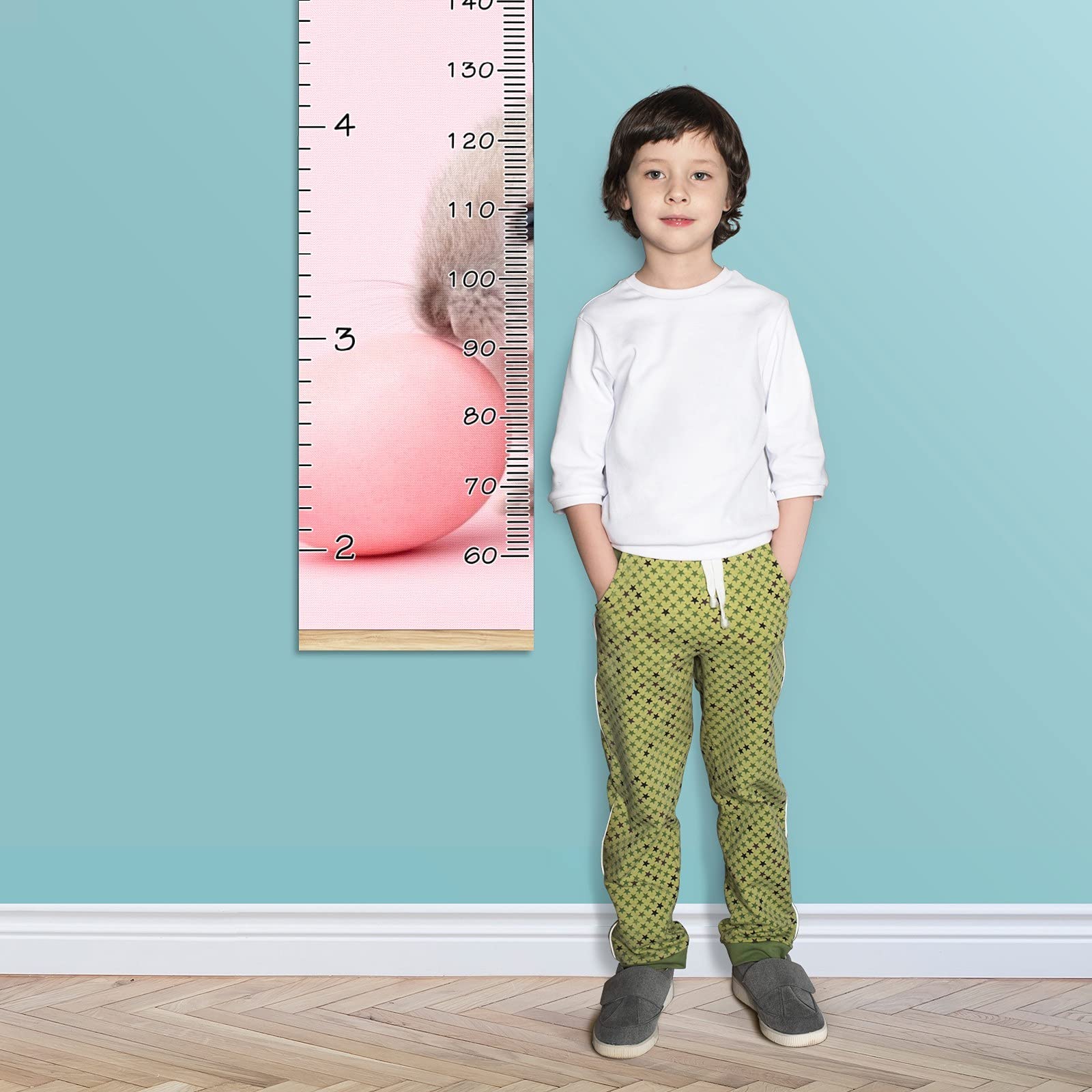 Wooden Kids Growth Chart Ruler - 13.4x56 Inch Wall Mounted Height Measure for Boys & Girls | Easter Rabbit Egg Design in Pink Linen | Perfect for Nursery, Bedroom Decor & Easter Gifts